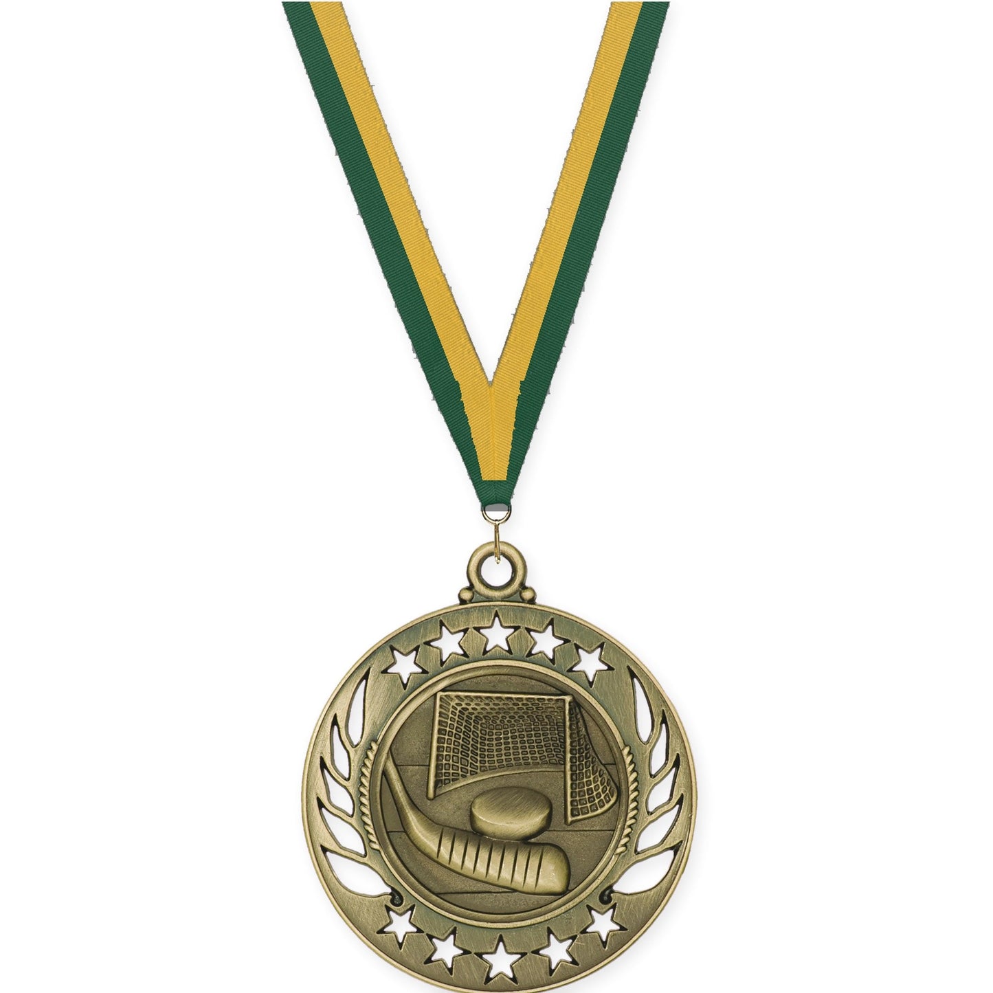 2 1/4 inch hockey Galaxy medal in antique gold with Hunter Green Gold neck ribbon
