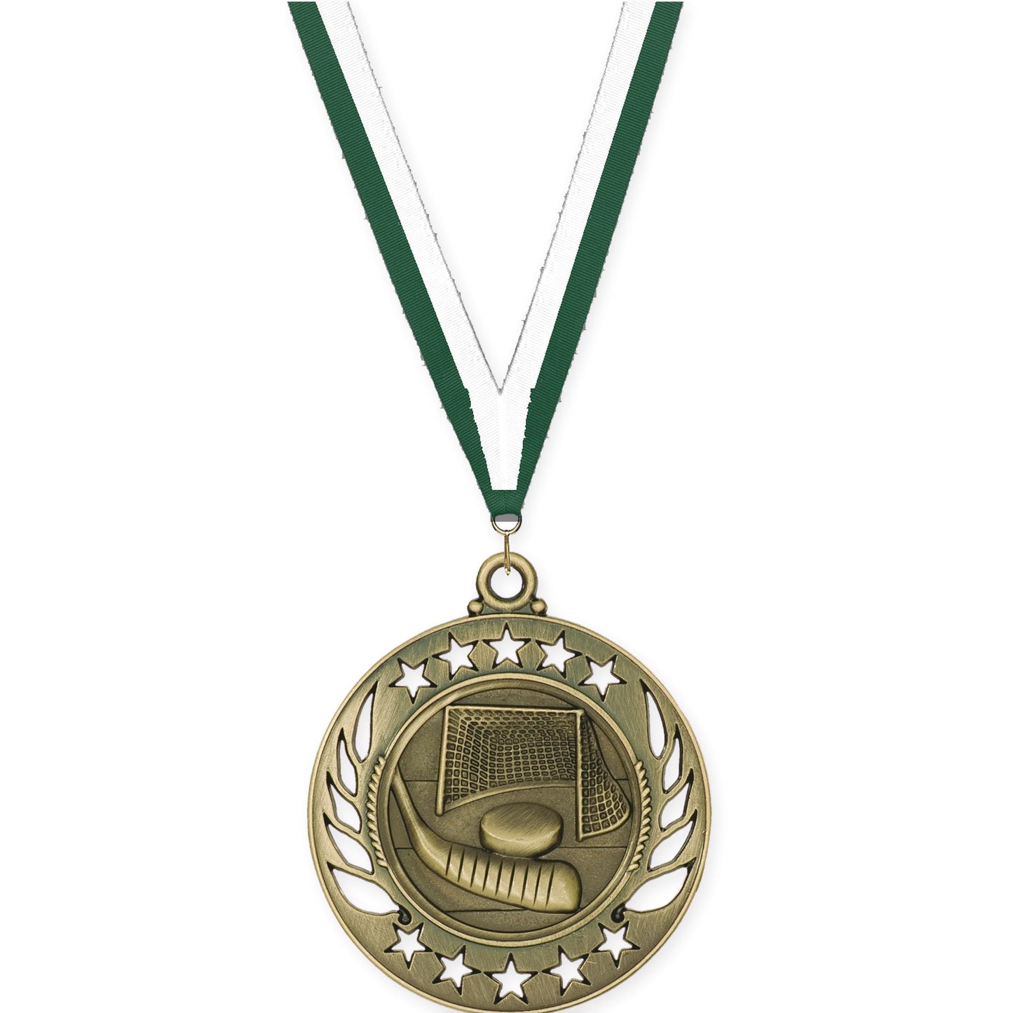 2 1/4 inch hockey Galaxy medal in antique gold with Hunter Green White neck ribbon