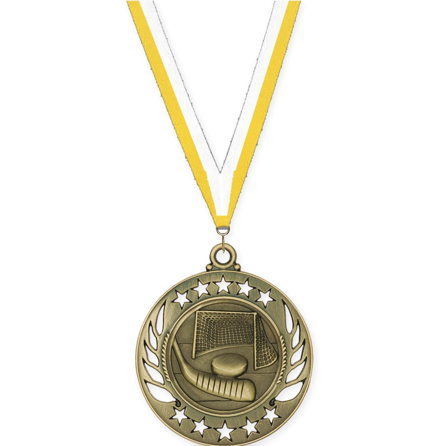 2 1/4 inch hockey Galaxy medal in antique gold with Yellow White neck ribbon