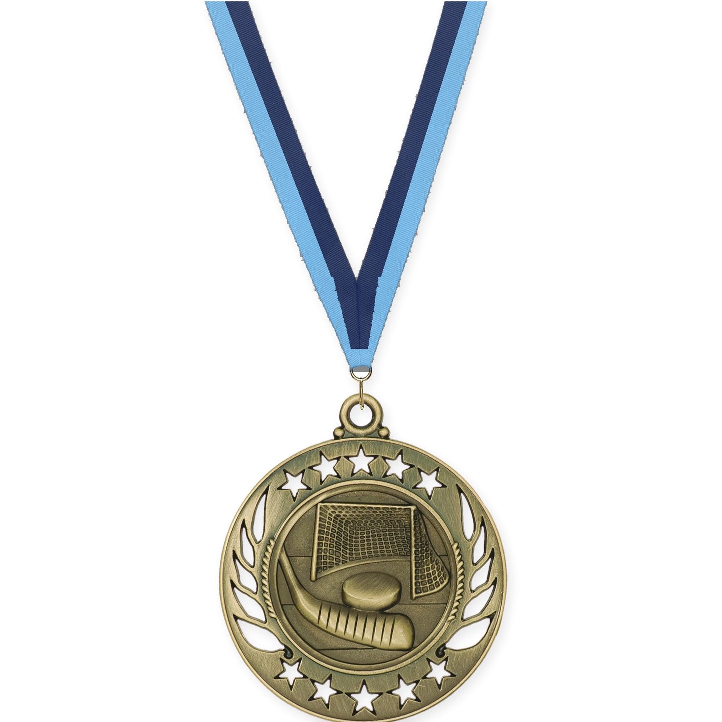 2 1/4 inch hockey Galaxy medal in antique gold with Light Blue Navy neck ribbon