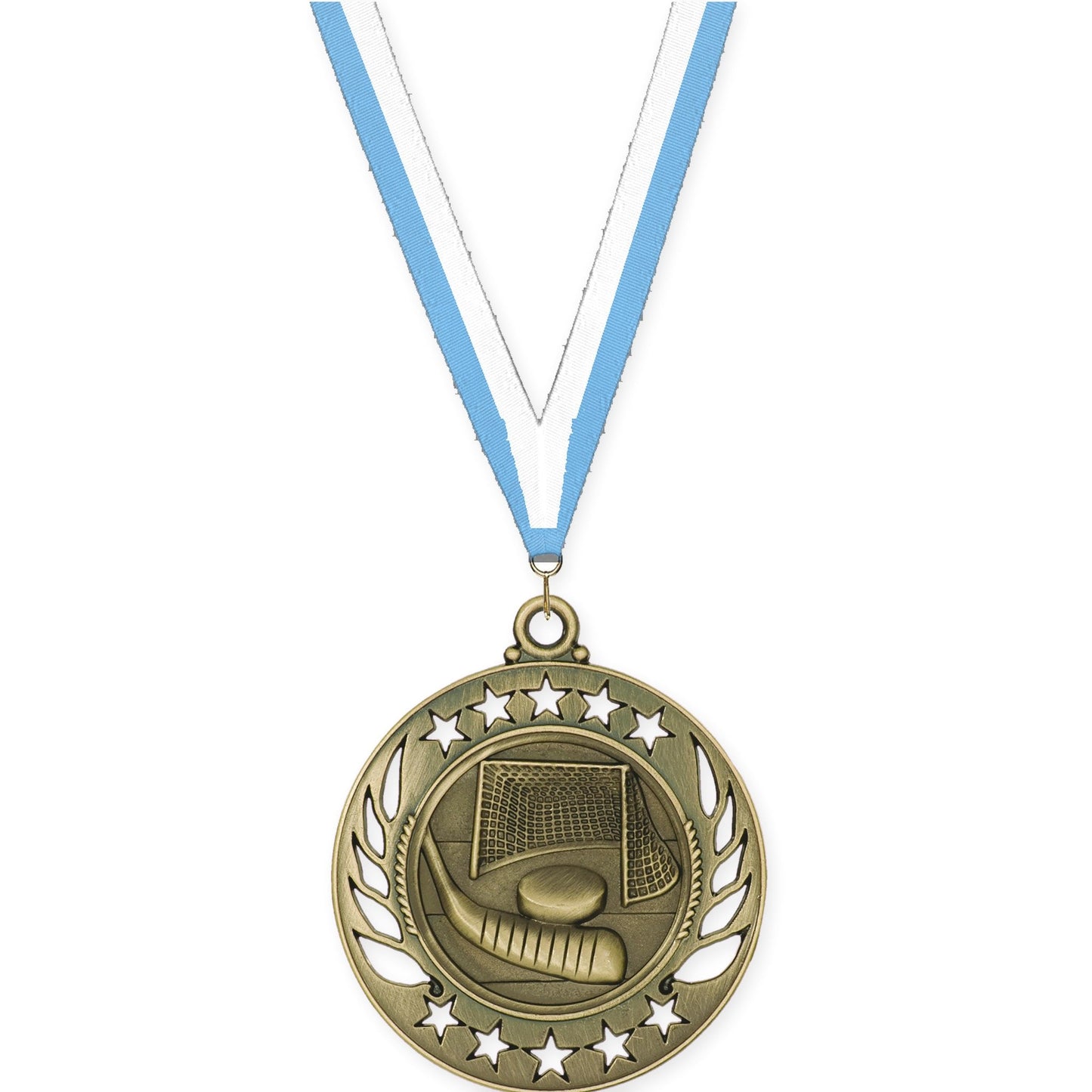 2 1/4 inch hockey Galaxy medal in antique gold with Light Blue White neck ribbon