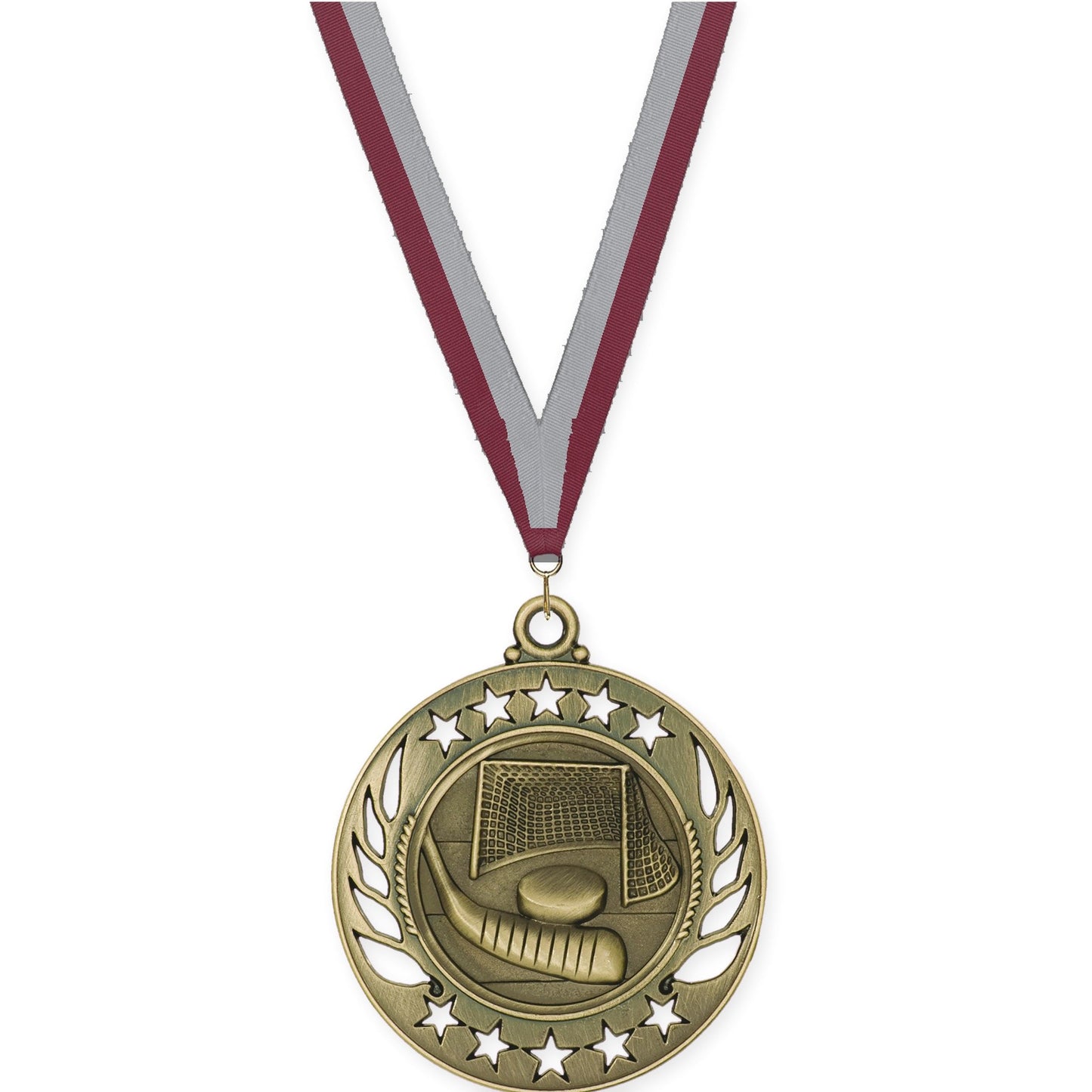 2 1/4 inch hockey Galaxy medal in antique gold with Maroon Gray neck ribbon