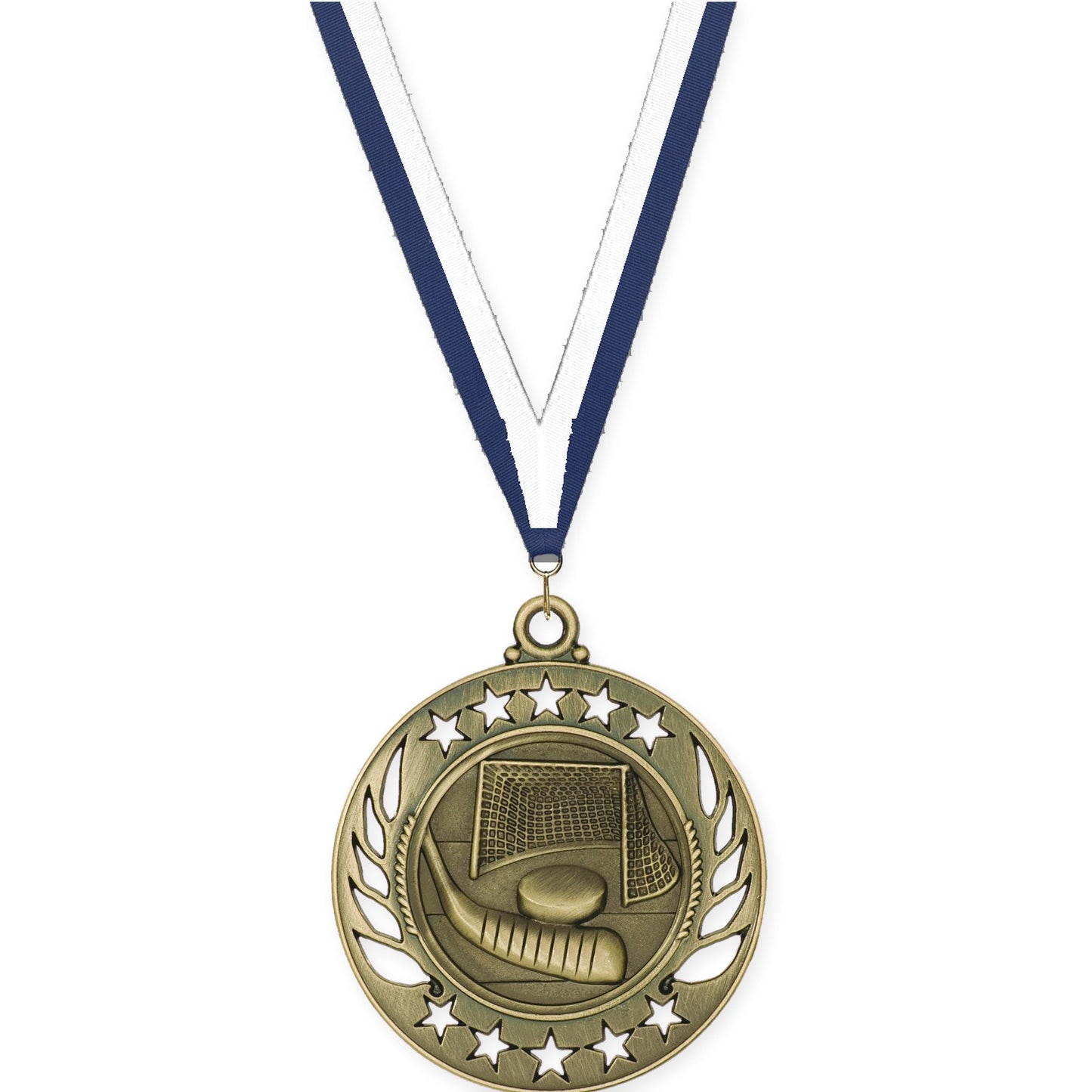 2 1/4 inch hockey Galaxy medal in antique gold with Navy White neck ribbon