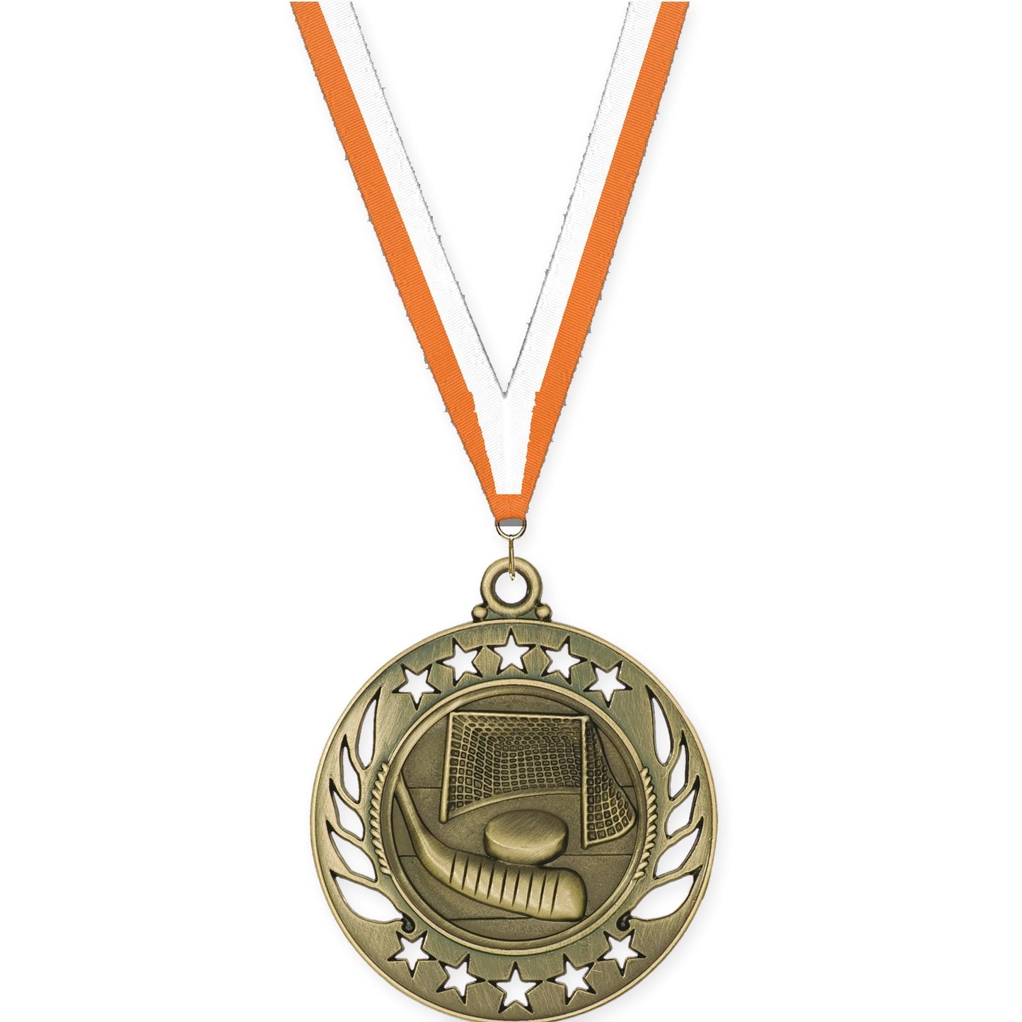 2 1/4 inch hockey Galaxy medal in antique gold with Orange White neck ribbon