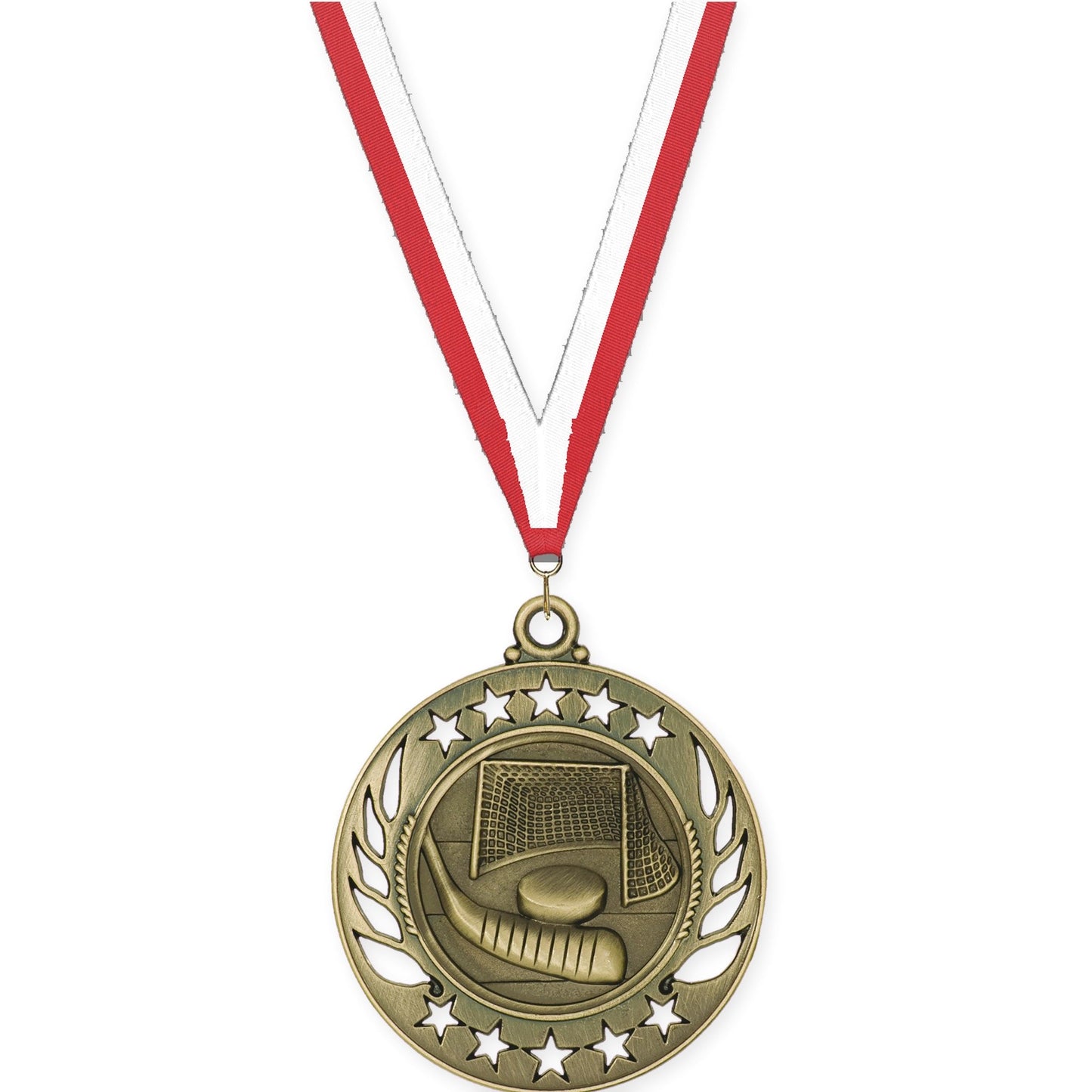 2 1/4 inch hockey Galaxy medal in antique gold with Red White neck ribbon