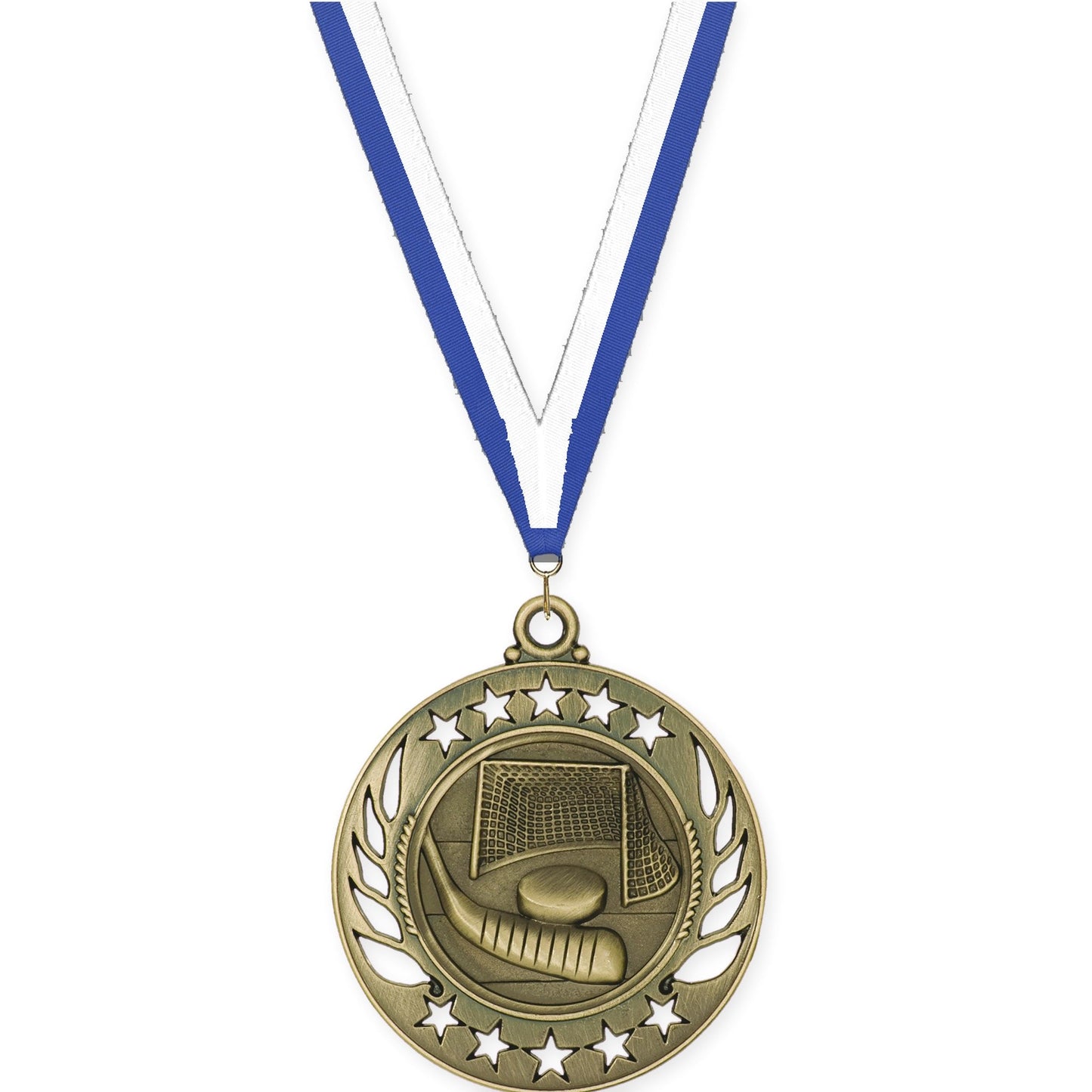 2 1/4 inch hockey Galaxy medal in antique gold with Blue White neck ribbon