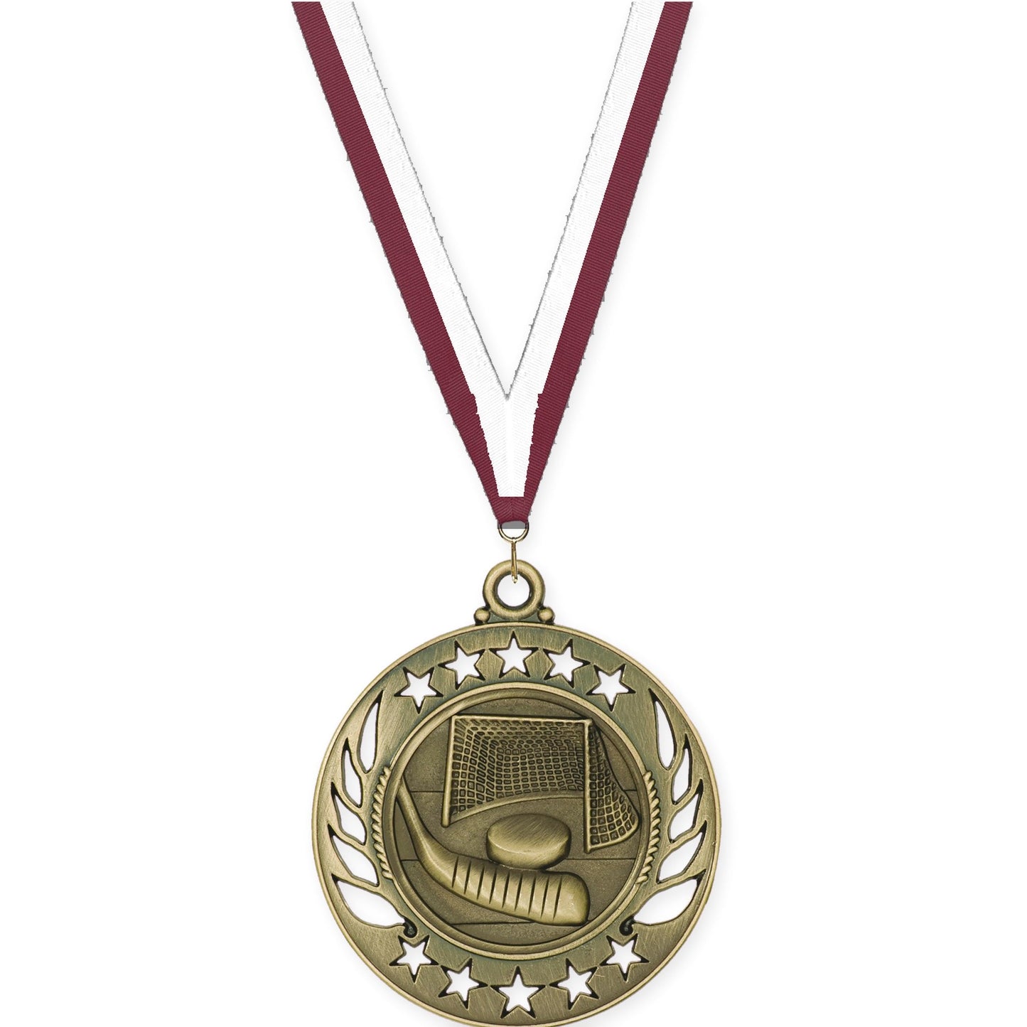 2 1/4 inch hockey Galaxy medal in antique gold with Maroon White neck ribbon