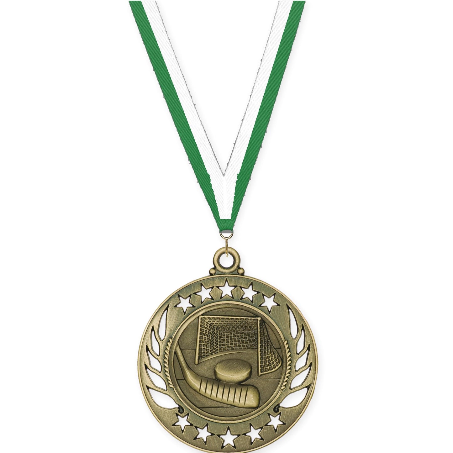2 1/4 inch hockey Galaxy medal in antique gold with Green White neck ribbon