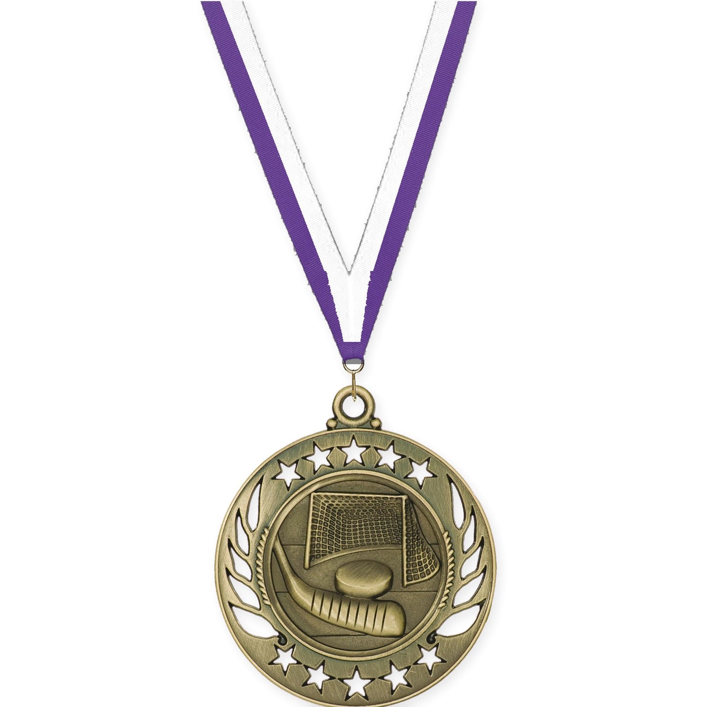 2 1/4 inch hockey Galaxy medal in antique gold with Purple White neck ribbon