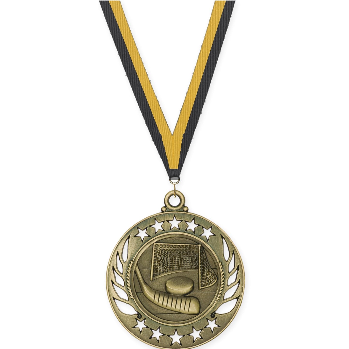 2 1/4 inch hockey Galaxy medal in antique gold with Black Gold neck ribbon