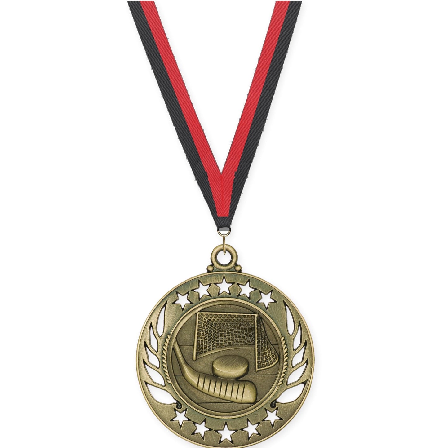 2 1/4 inch hockey Galaxy medal in antique gold with Black Red neck ribbon
