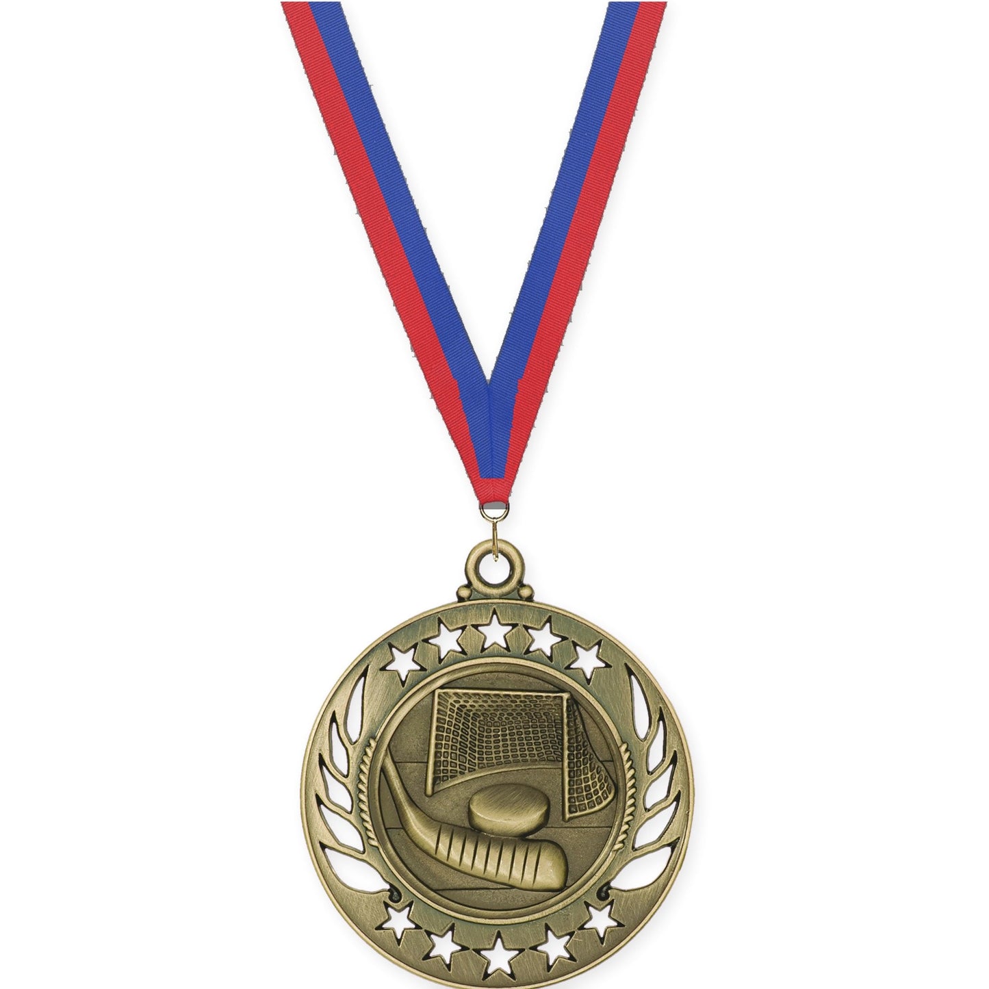 2 1/4 inch hockey Galaxy medal in antique gold with Blue Red neck ribbon