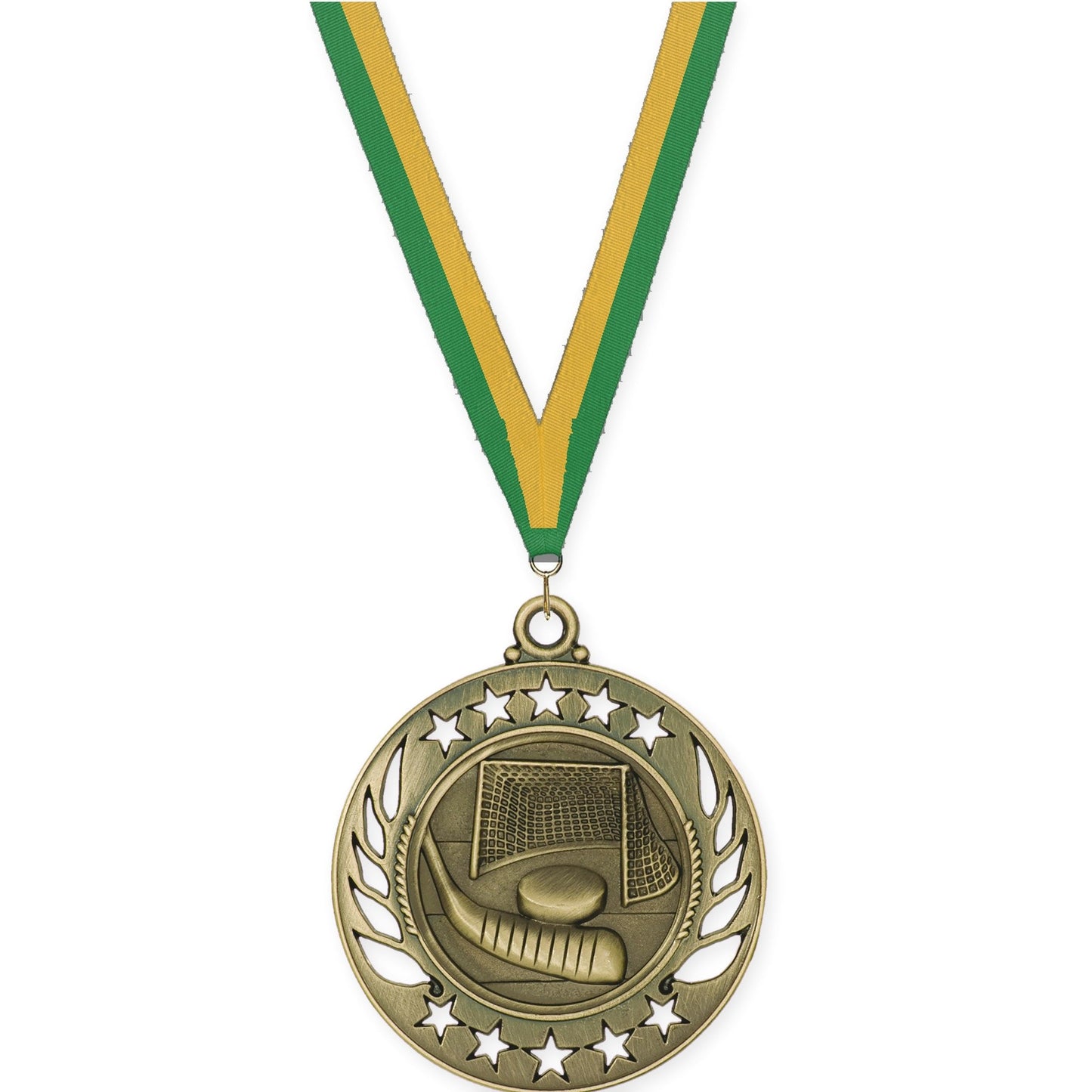 2 1/4 inch hockey Galaxy medal in antique gold with Green Gold neck ribbon