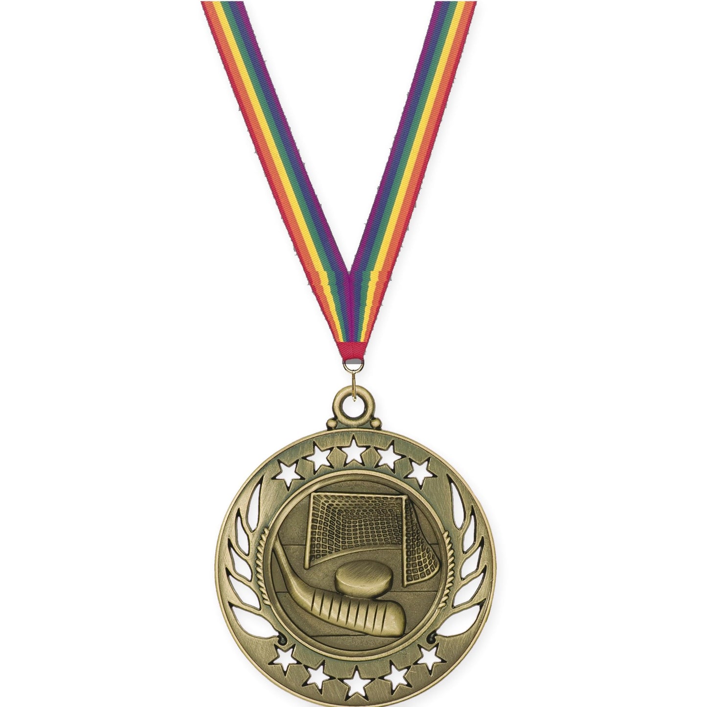 2 1/4 inch hockey Galaxy medal in antique gold with Rainbow neck ribbon
