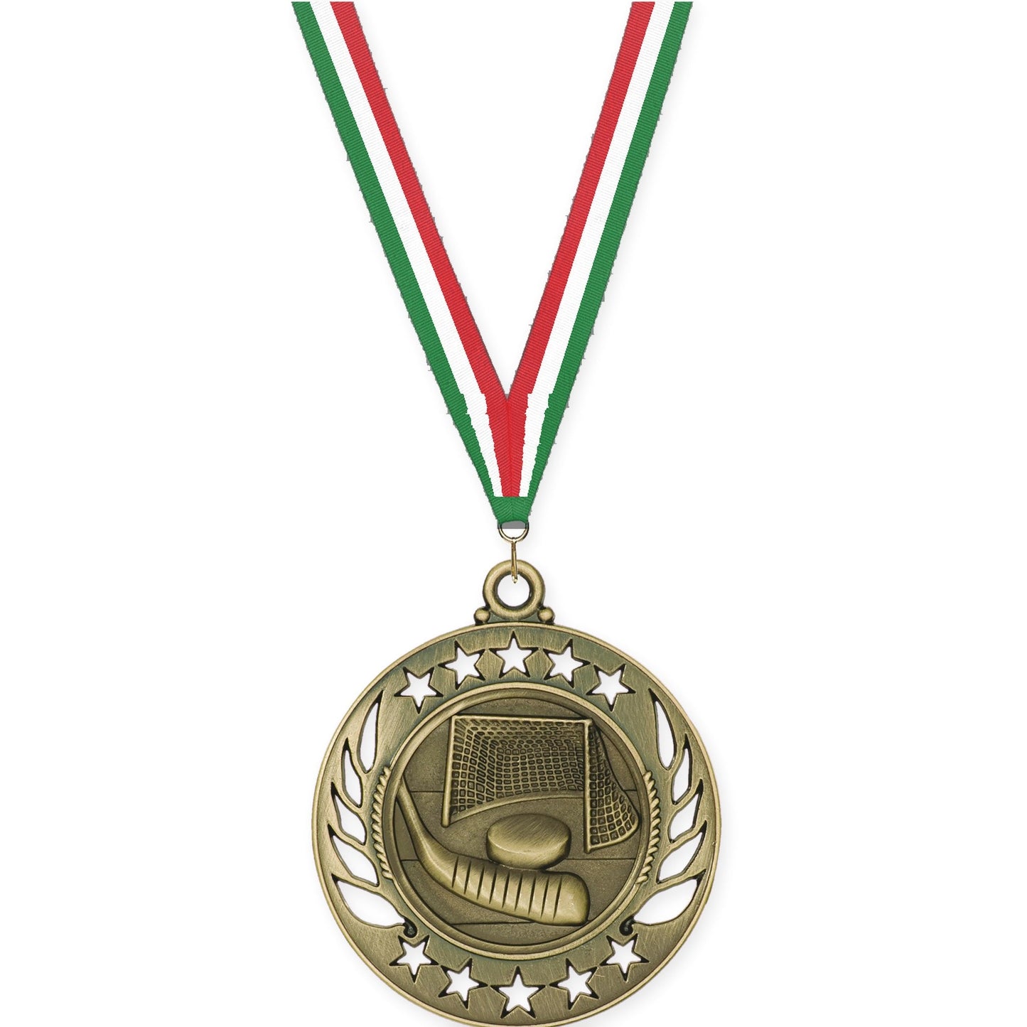 2 1/4 inch hockey Galaxy medal in antique gold with Green White Red neck ribbon