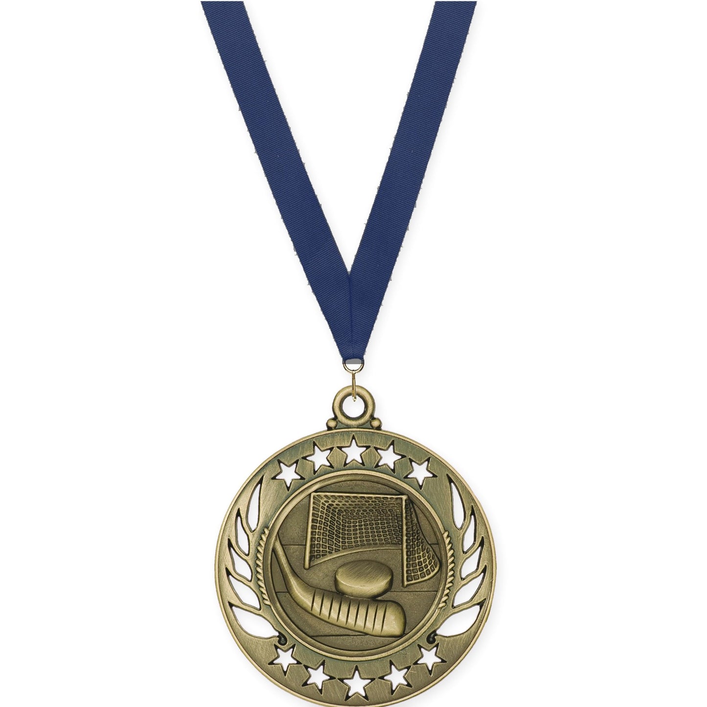 2 1/4 inch hockey Galaxy medal in antique gold with Navy neck ribbon