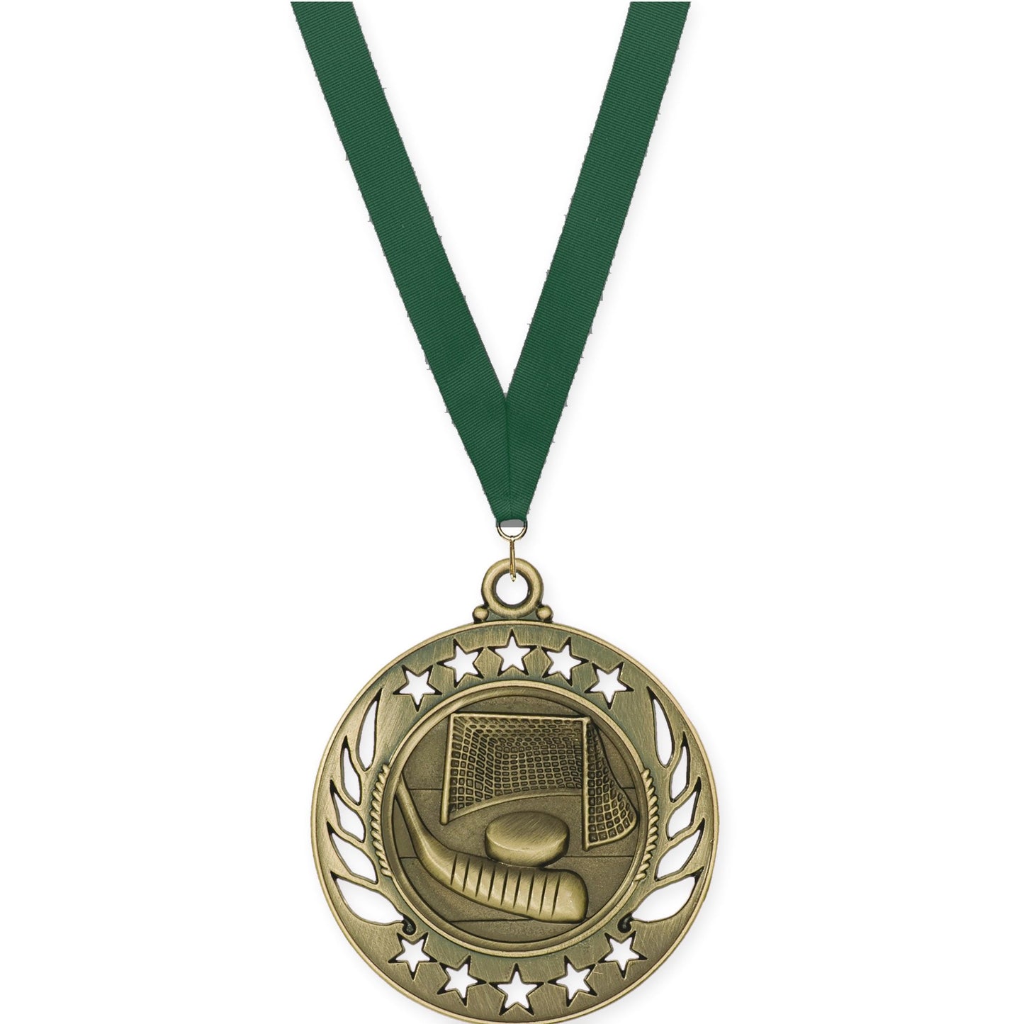 2 1/4 inch hockey Galaxy medal in antique gold with Hunter Green neck ribbon