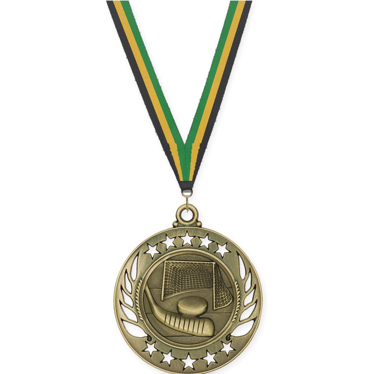 2 1/4 inch hockey Galaxy medal in antique gold with Black Gold Green neck ribbon