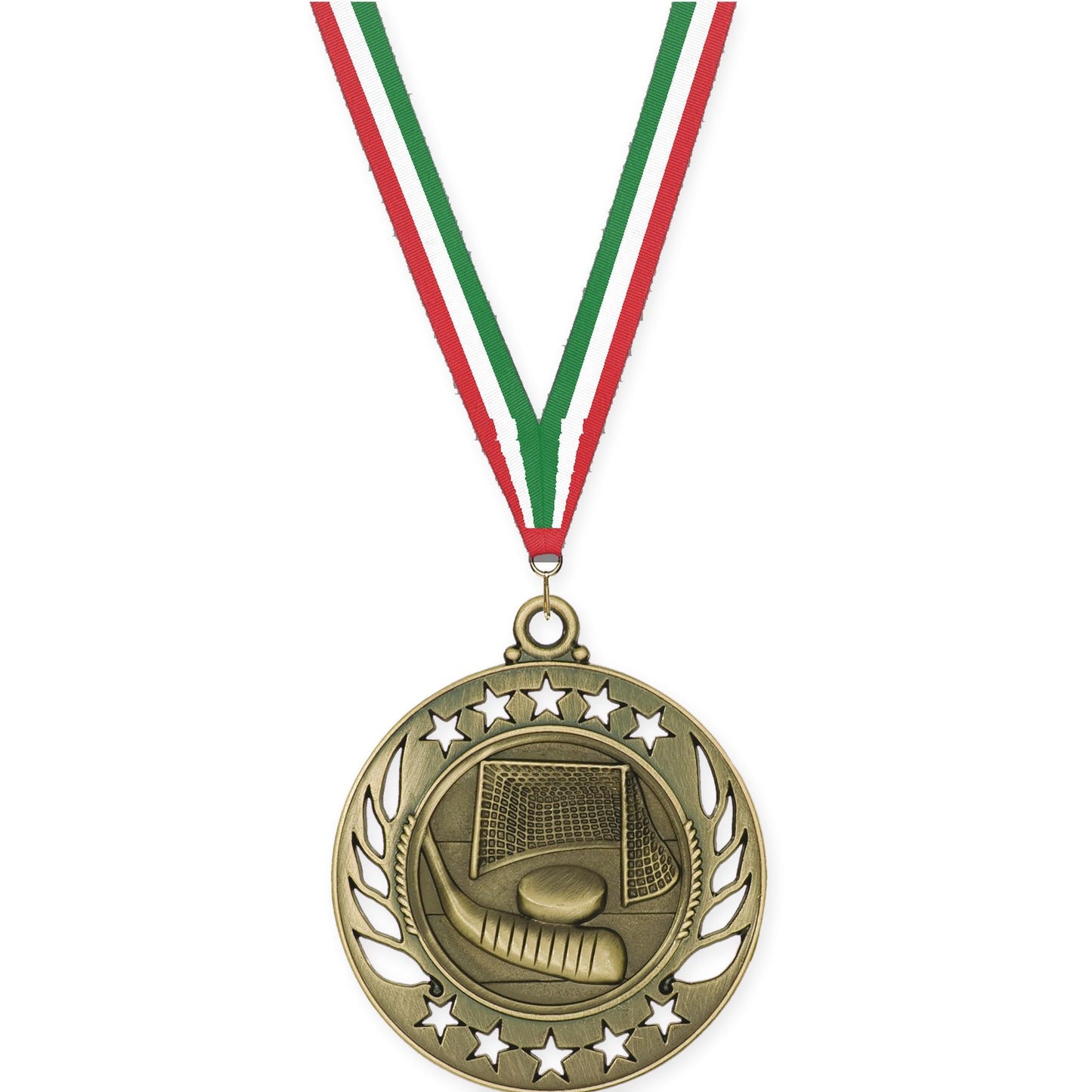 2 1/4 inch hockey Galaxy medal in antique gold with Red White Green neck ribbon