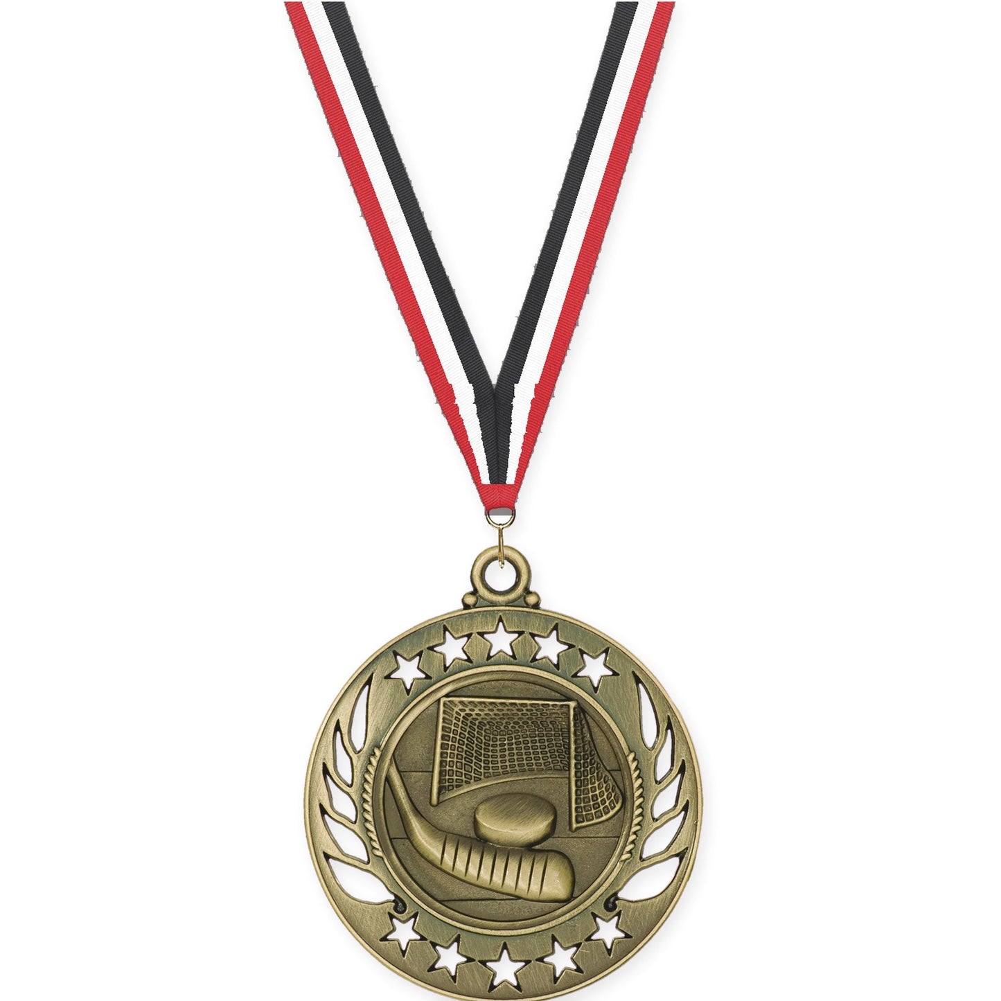 2 1/4 inch hockey Galaxy medal in antique gold with Red White Black neck ribbon