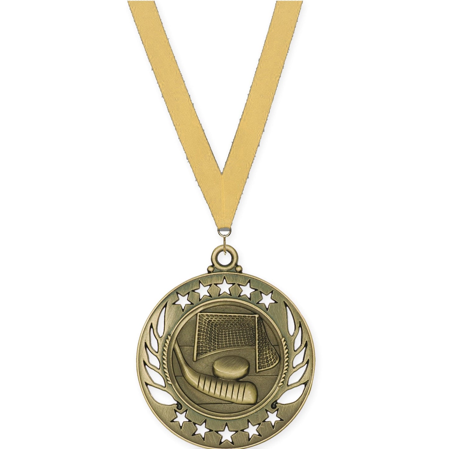 2 1/4 inch hockey Galaxy medal in antique gold with Gold Metallic neck ribbon