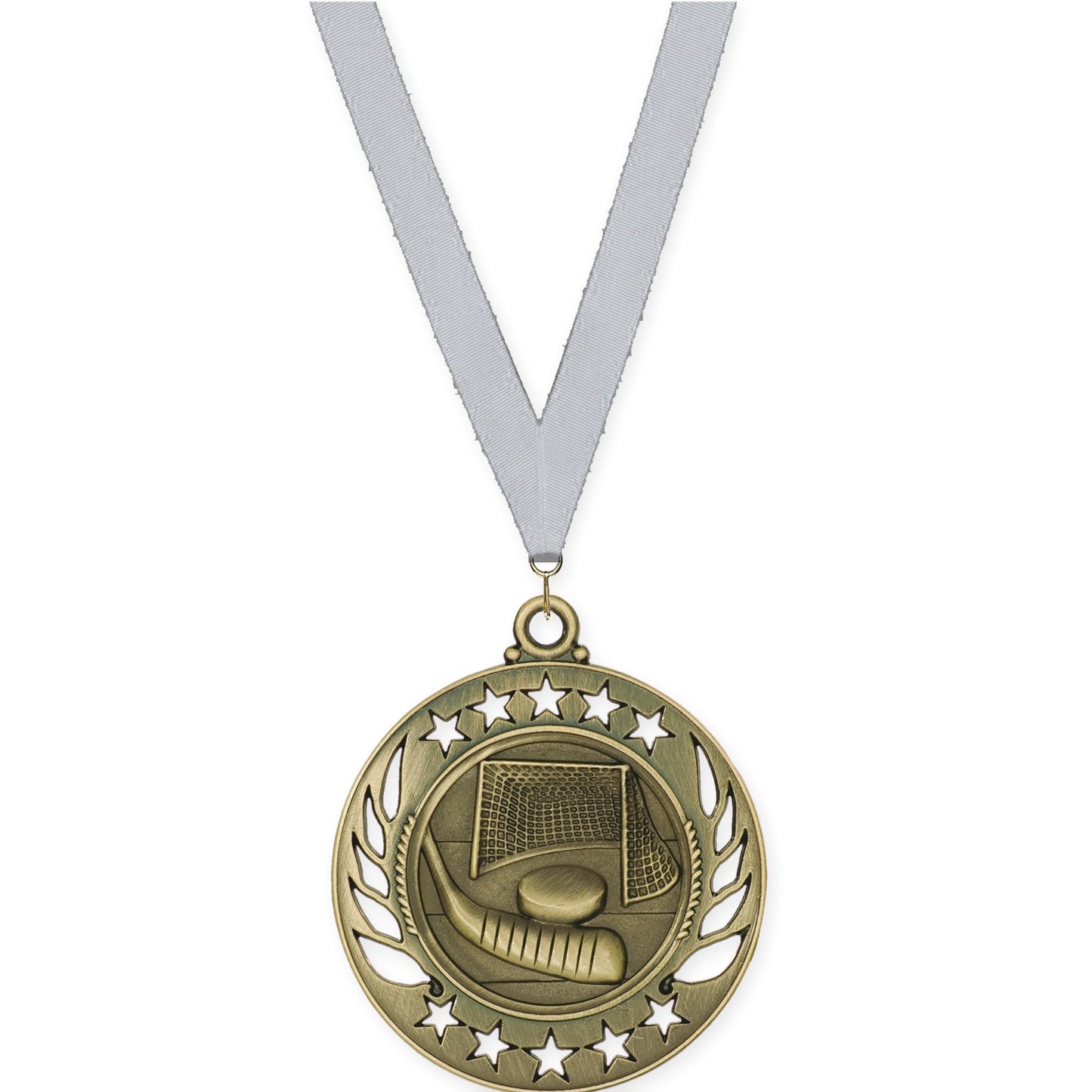 2 1/4 inch hockey Galaxy medal in antique gold with Silver Metallic neck ribbon