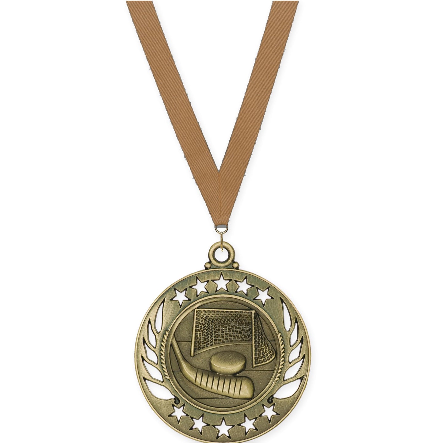 2 1/4 inch hockey Galaxy medal in antique gold with Bronze Metallic neck ribbon