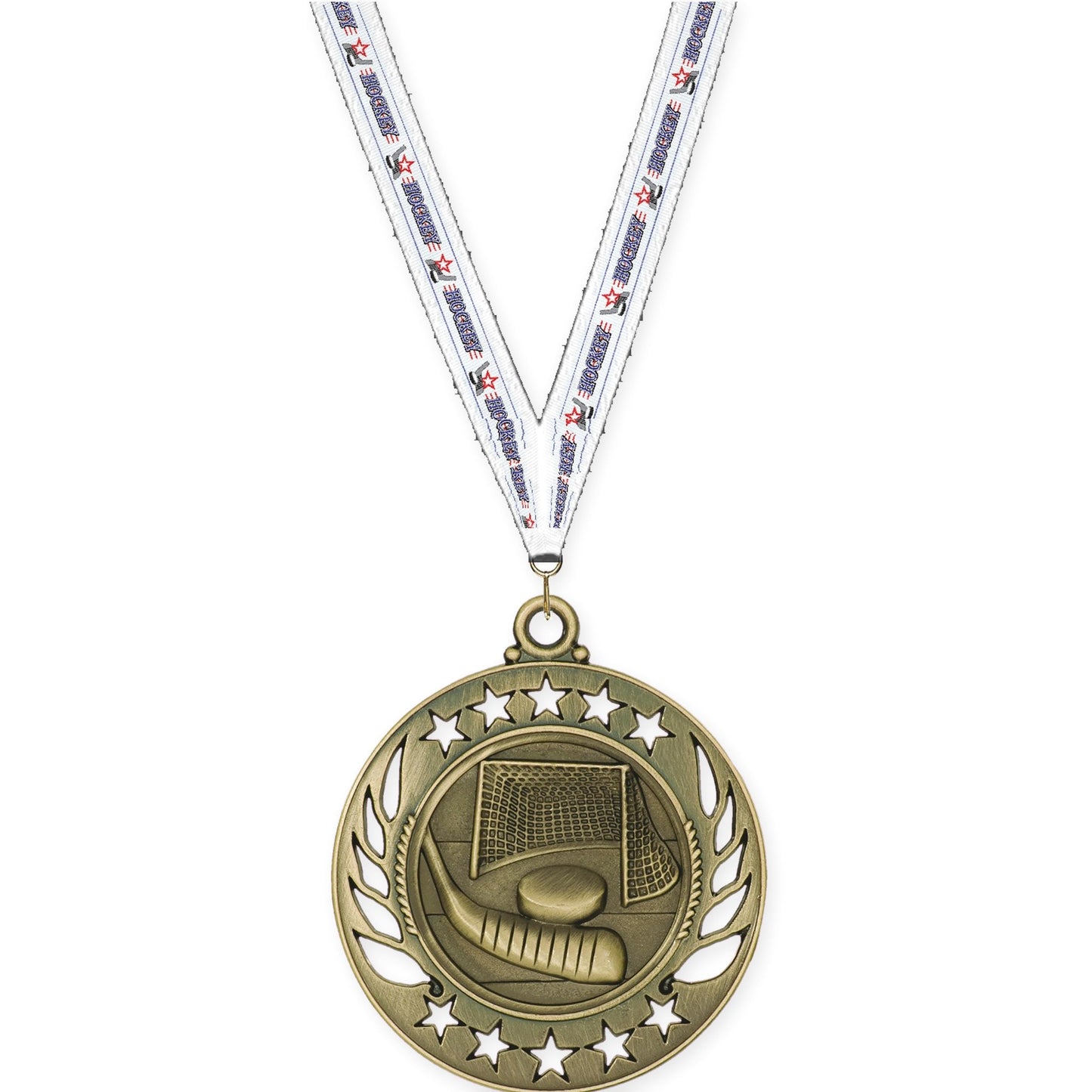 2 1/4 inch hockey Galaxy medal in antique gold with Hockey neck ribbon