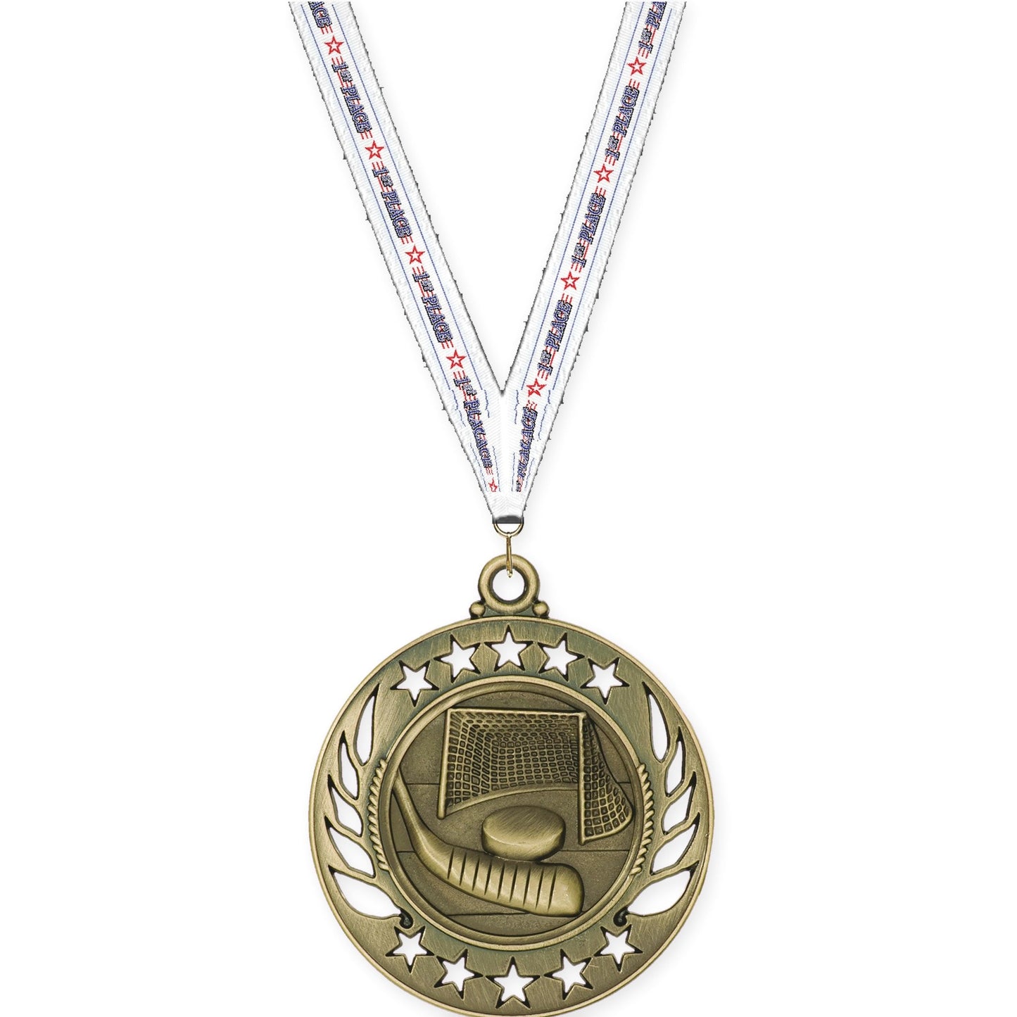 2 1/4 inch hockey Galaxy medal in antique gold with 1st Place neck ribbon