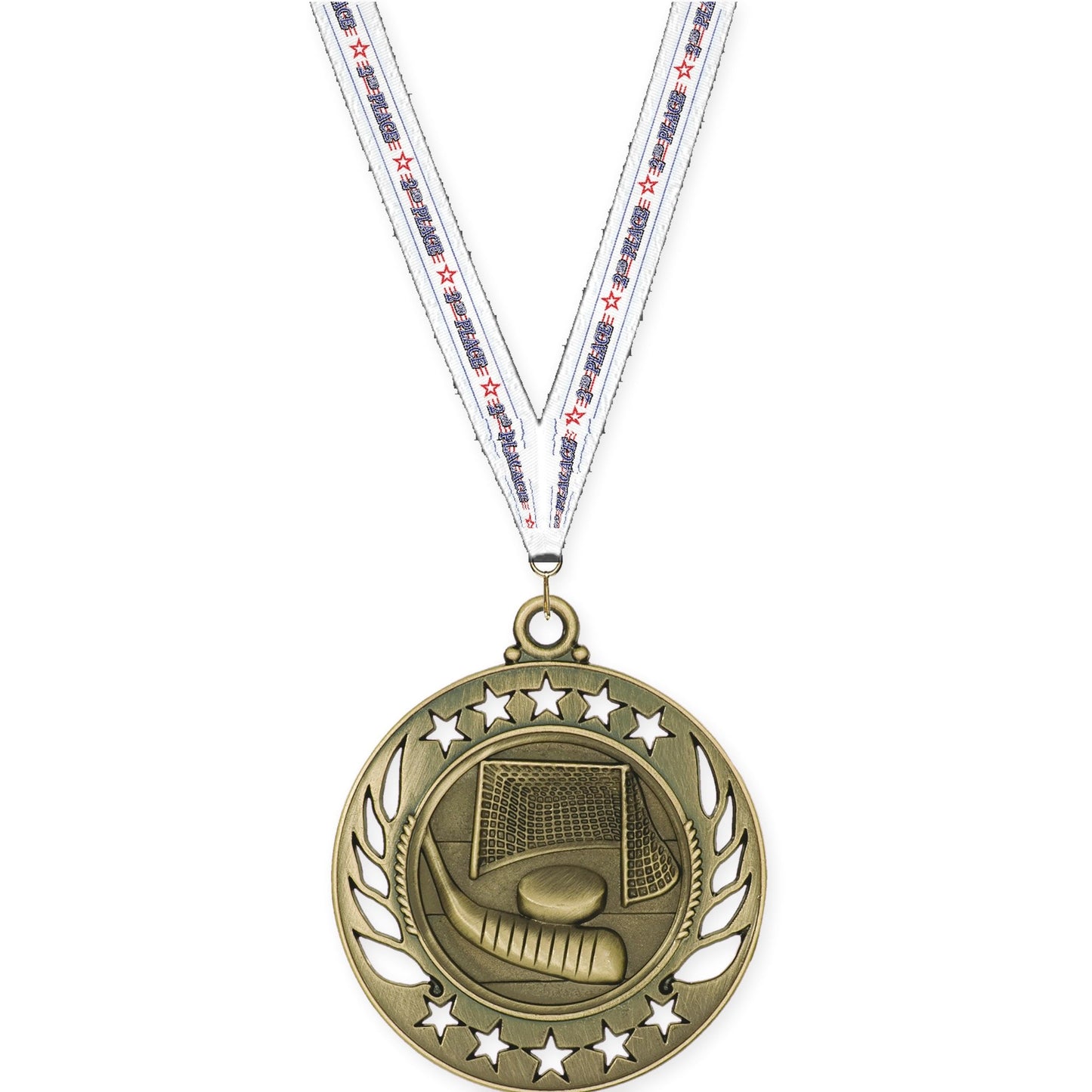 2 1/4 inch hockey Galaxy medal in antique gold with 2nd Place neck ribbon