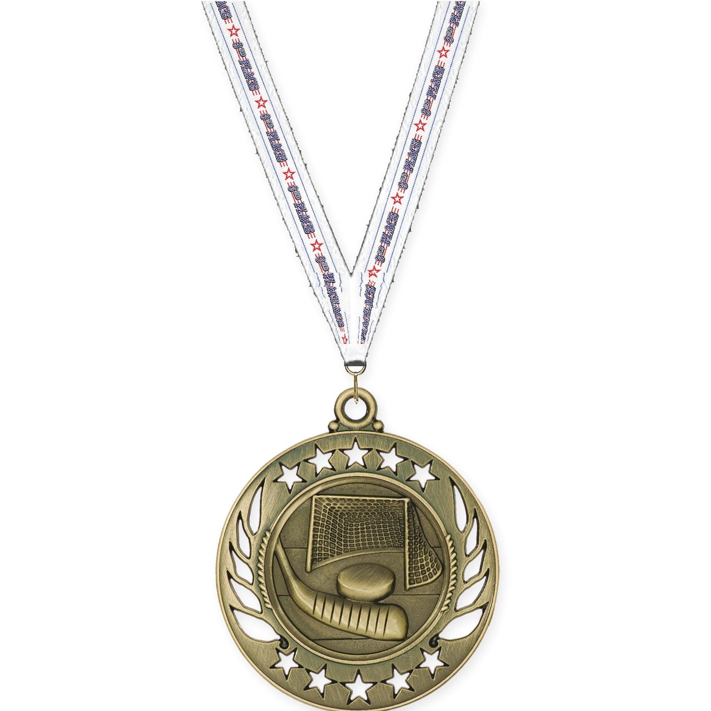2 1/4 inch hockey Galaxy medal in antique gold with 3rd Place neck ribbon