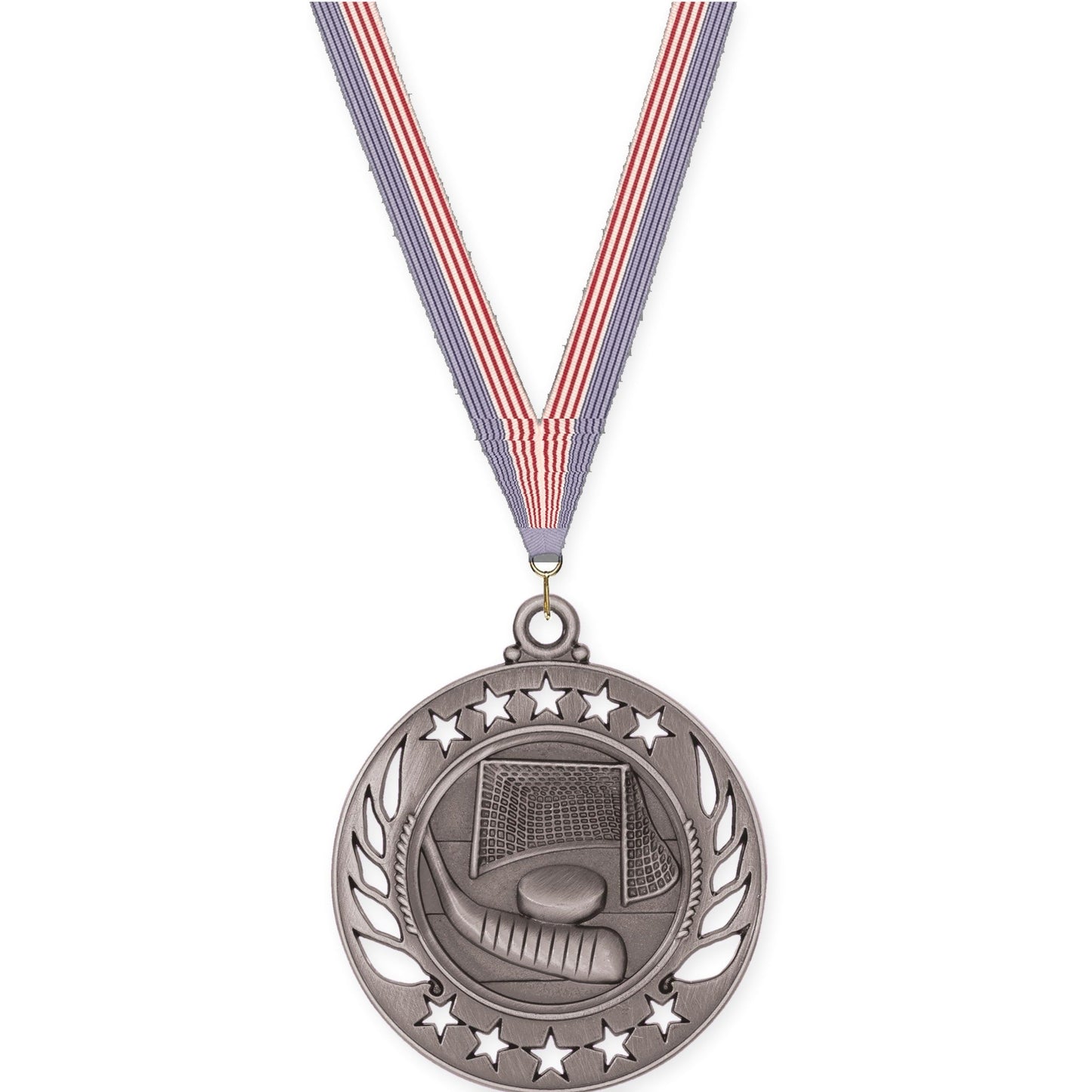 2 1/4 inch hockey Galaxy medal in antique silver with USA Flag neck ribbon