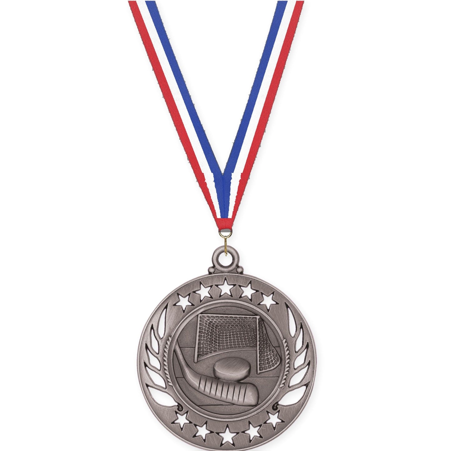 2 1/4 inch hockey Galaxy medal in antique silver with Red White Blue neck ribbon