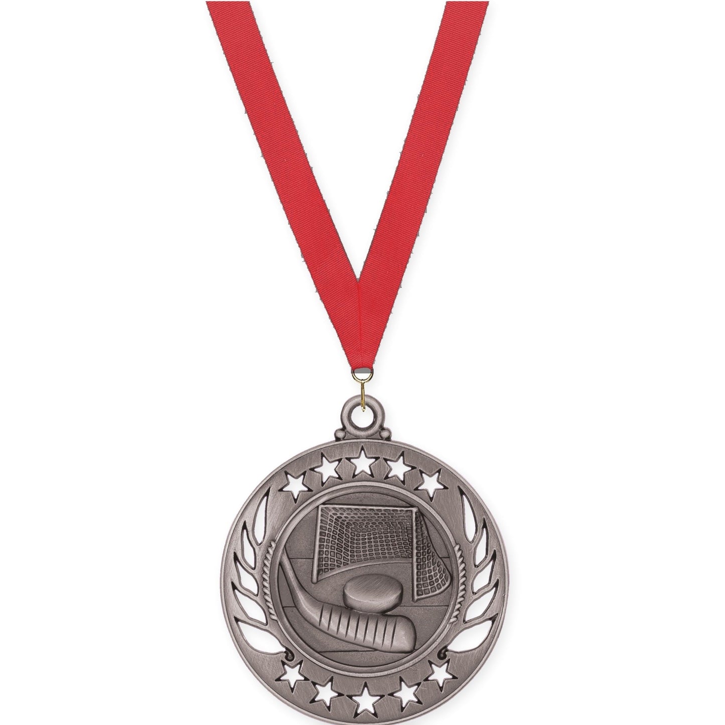 2 1/4 inch hockey Galaxy medal in antique silver with Red neck ribbon