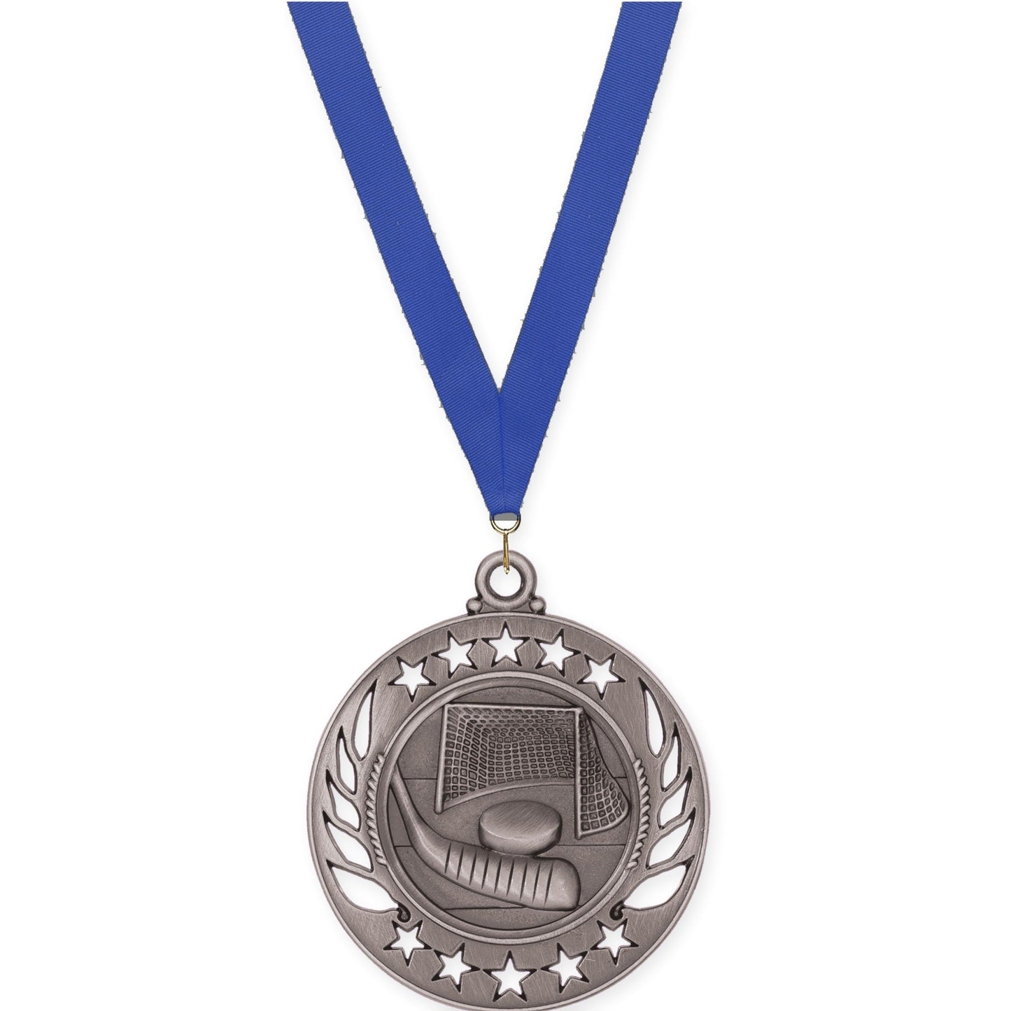 2 1/4 inch hockey Galaxy medal in antique silver with Blue neck ribbon