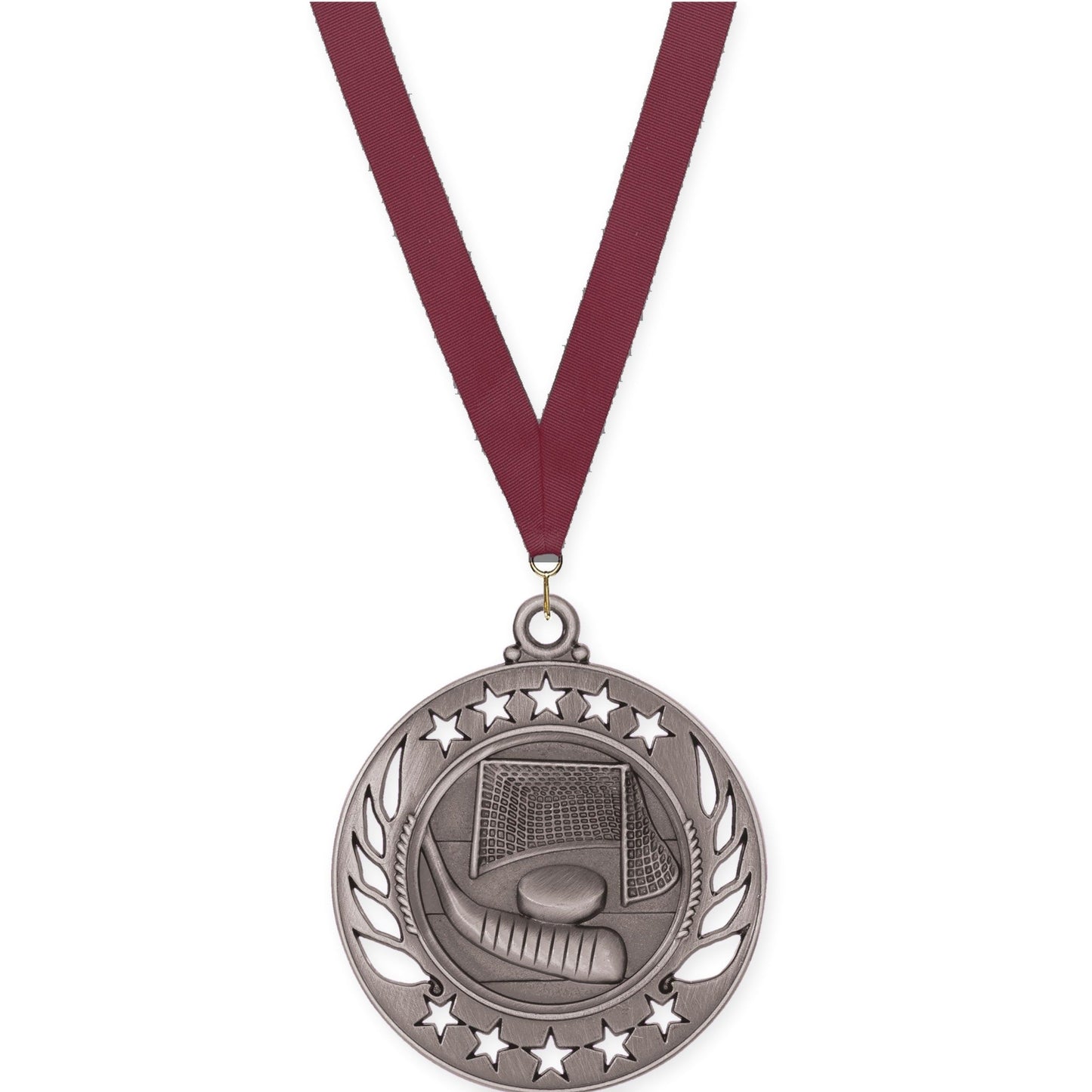 2 1/4 inch hockey Galaxy medal in antique silver with Maroon neck ribbon