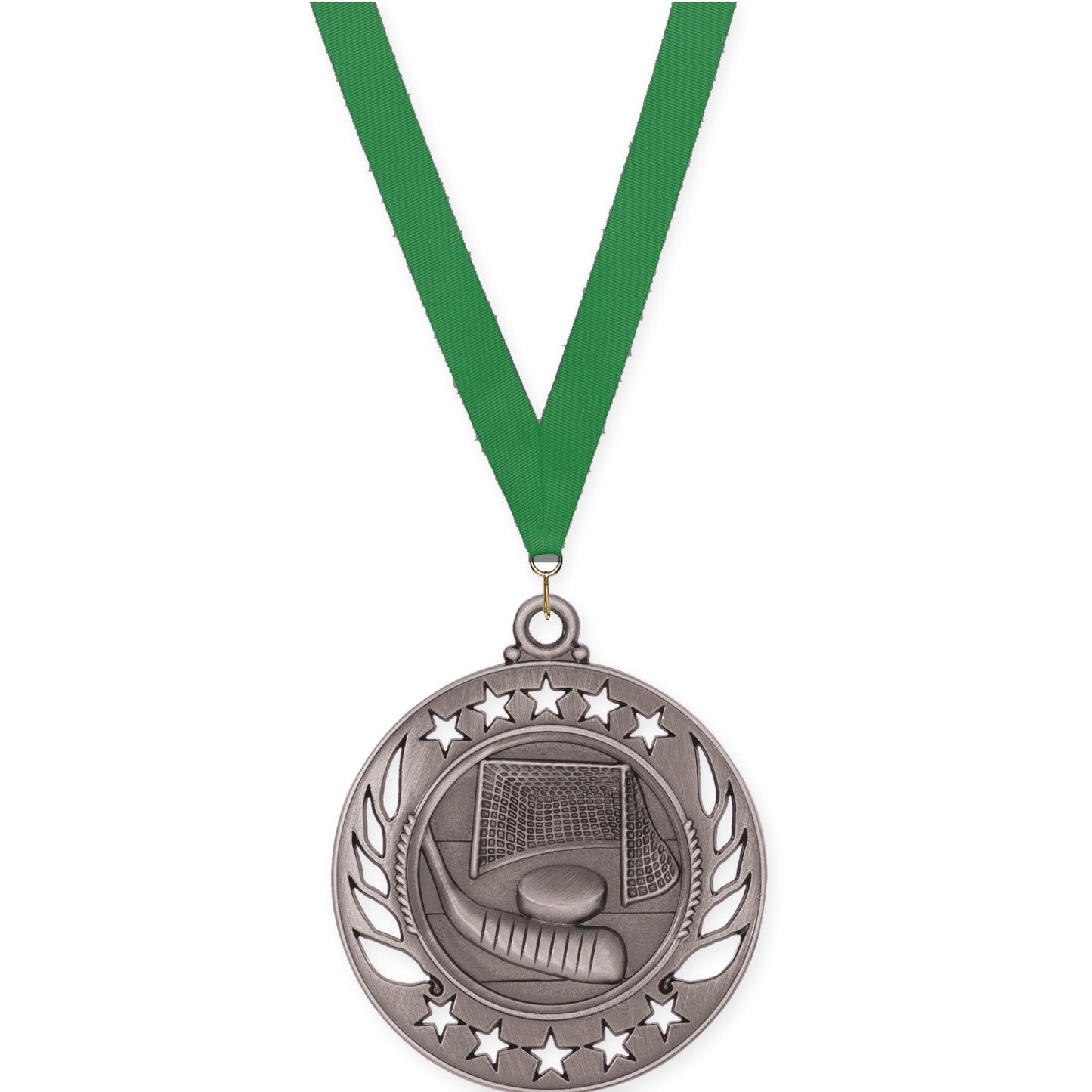 2 1/4 inch hockey Galaxy medal in antique silver with Green neck ribbon