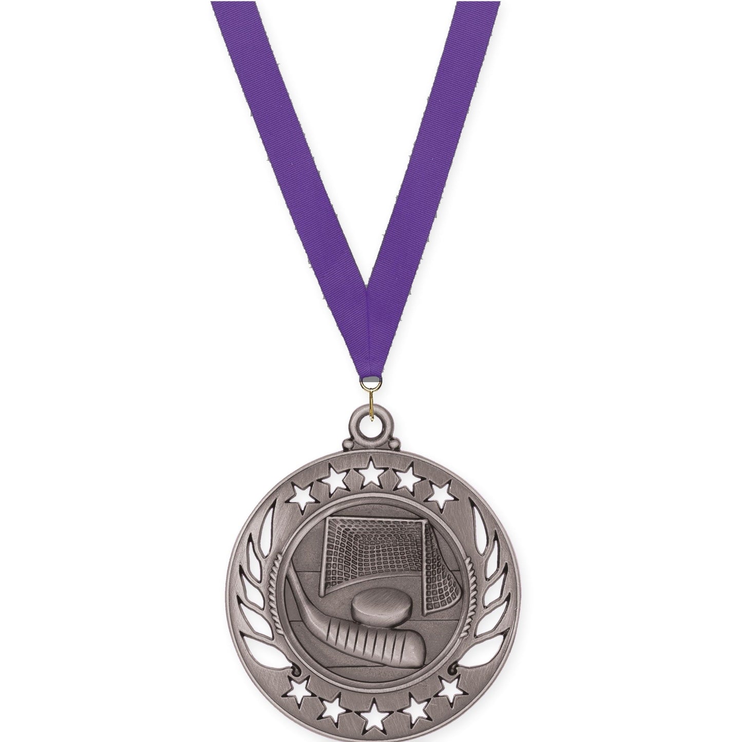 2 1/4 inch hockey Galaxy medal in antique silver with Purple neck ribbon