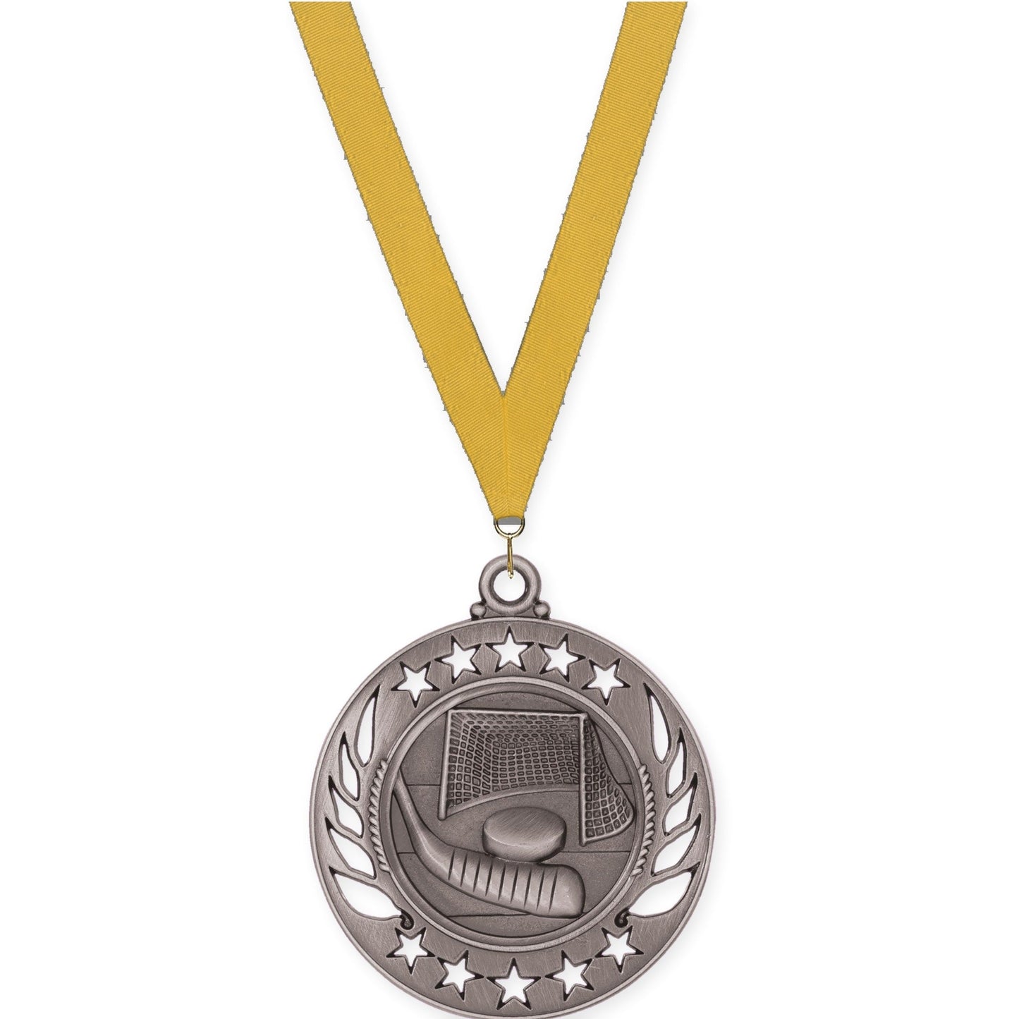 2 1/4 inch hockey Galaxy medal in antique silver with Gold neck ribbon