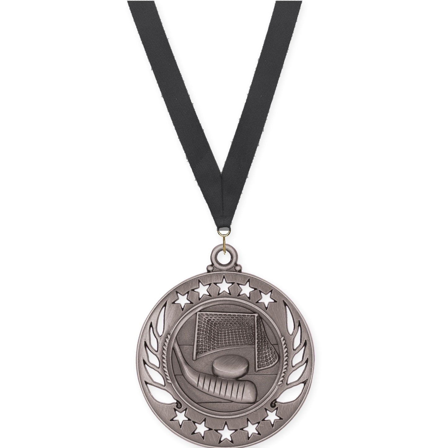 2 1/4 inch hockey Galaxy medal in antique silver with Black neck ribbon
