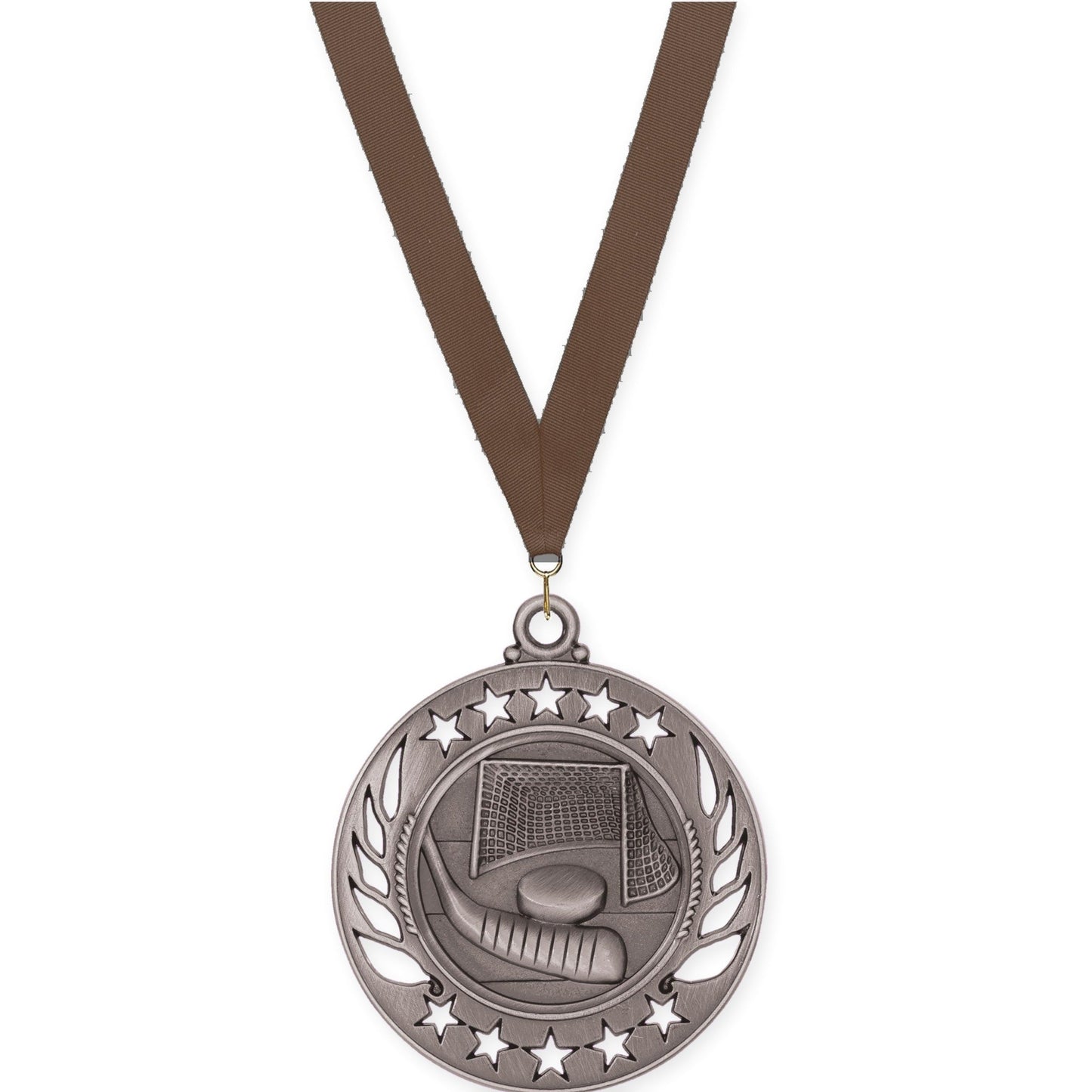 2 1/4 inch hockey Galaxy medal in antique silver with Brown neck ribbon