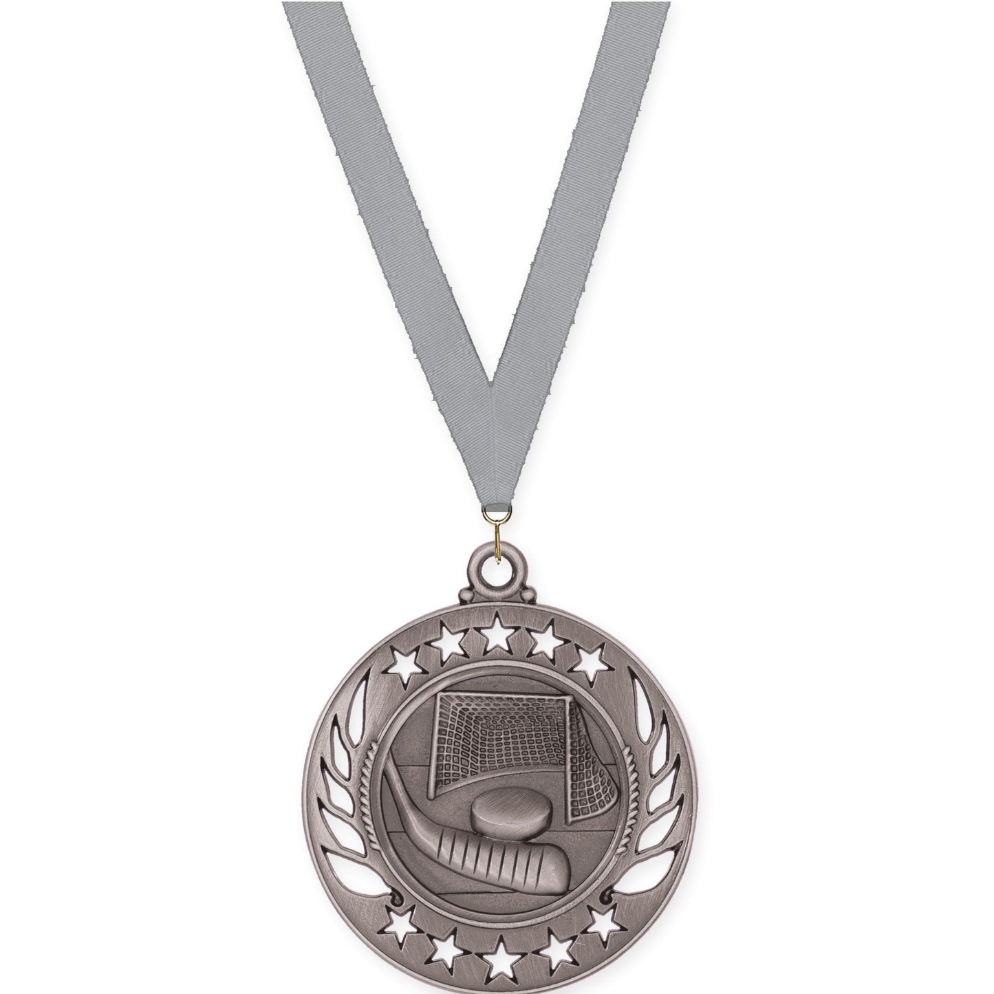 2 1/4 inch hockey Galaxy medal in antique silver with Gray neck ribbon
