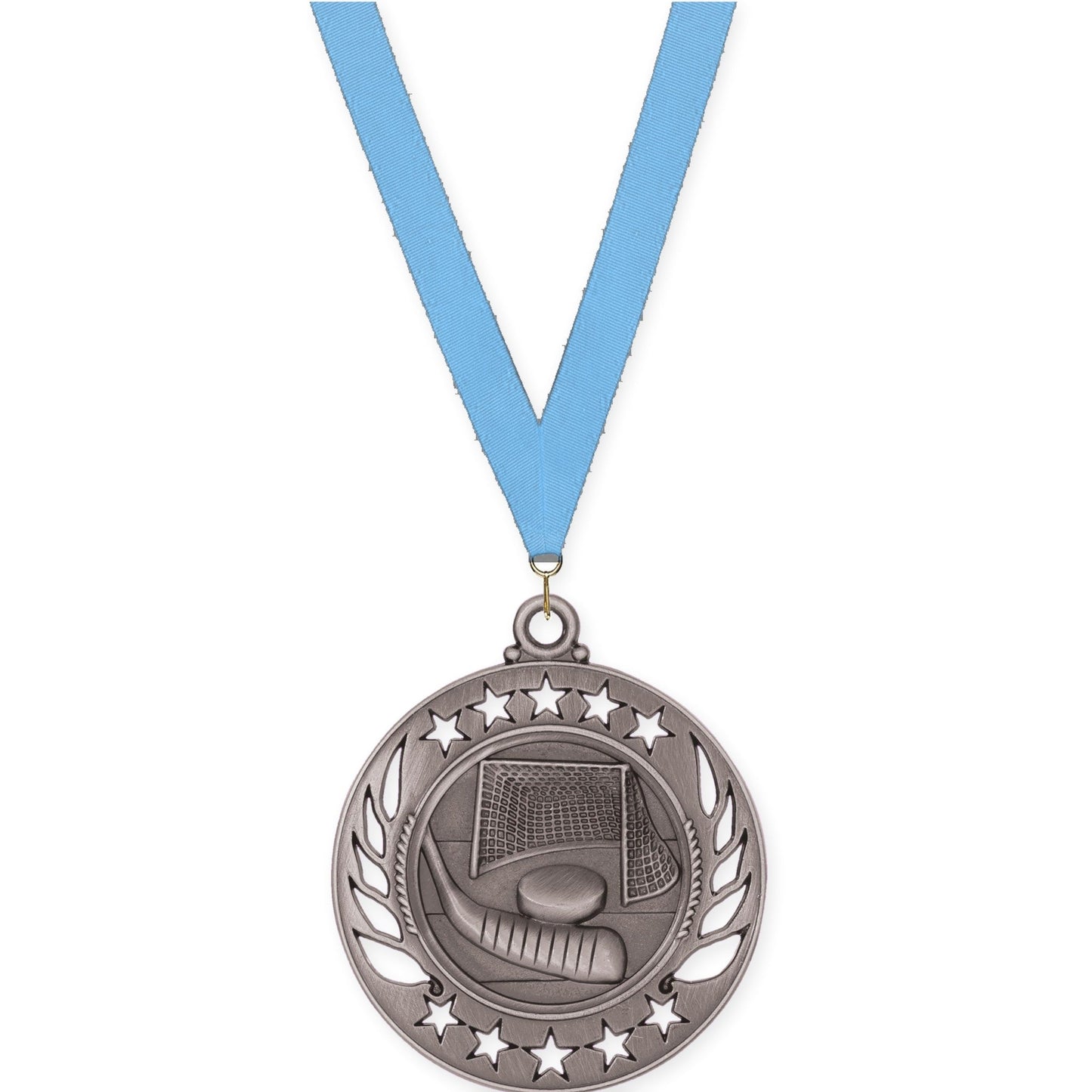 2 1/4 inch hockey Galaxy medal in antique silver with Light Blue neck ribbon