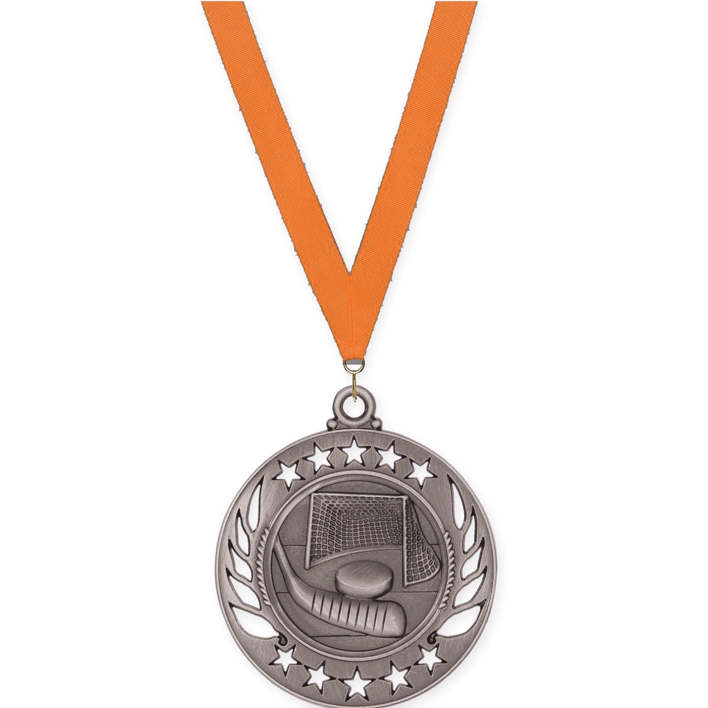 2 1/4 inch hockey Galaxy medal in antique silver with Orange neck ribbon