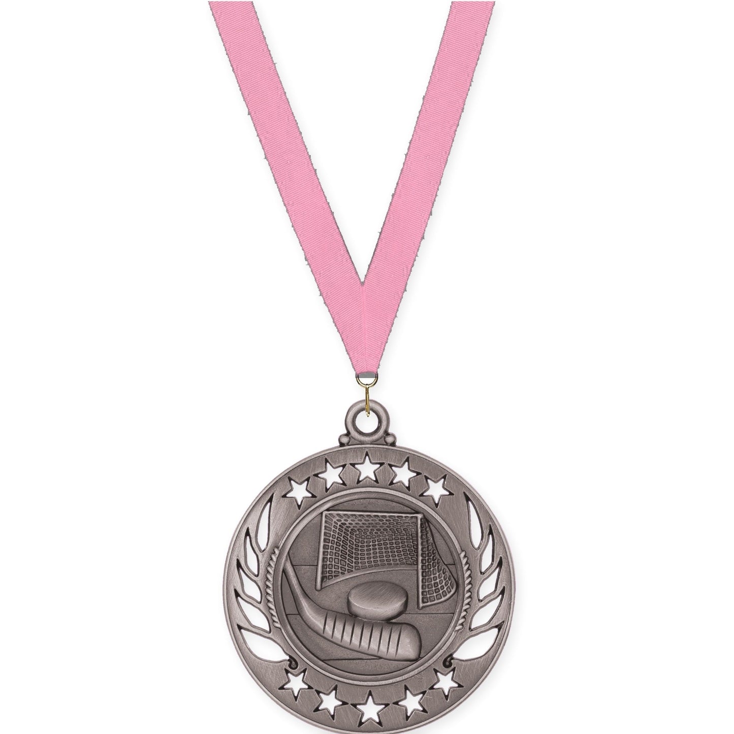 2 1/4 inch hockey Galaxy medal in antique silver with Pink neck ribbon