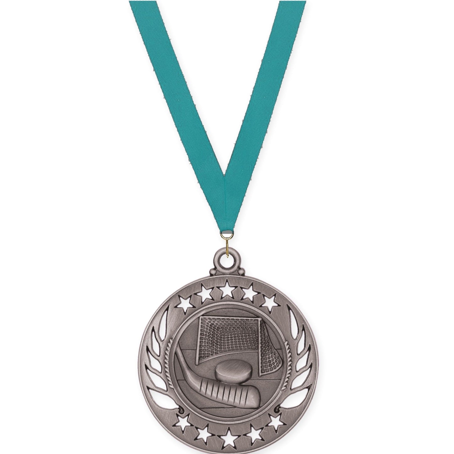 2 1/4 inch hockey Galaxy medal in antique silver with Teal neck ribbon
