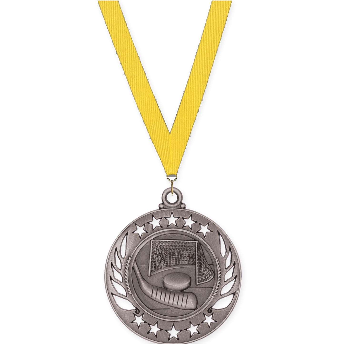2 1/4 inch hockey Galaxy medal in antique silver with Yellow neck ribbon