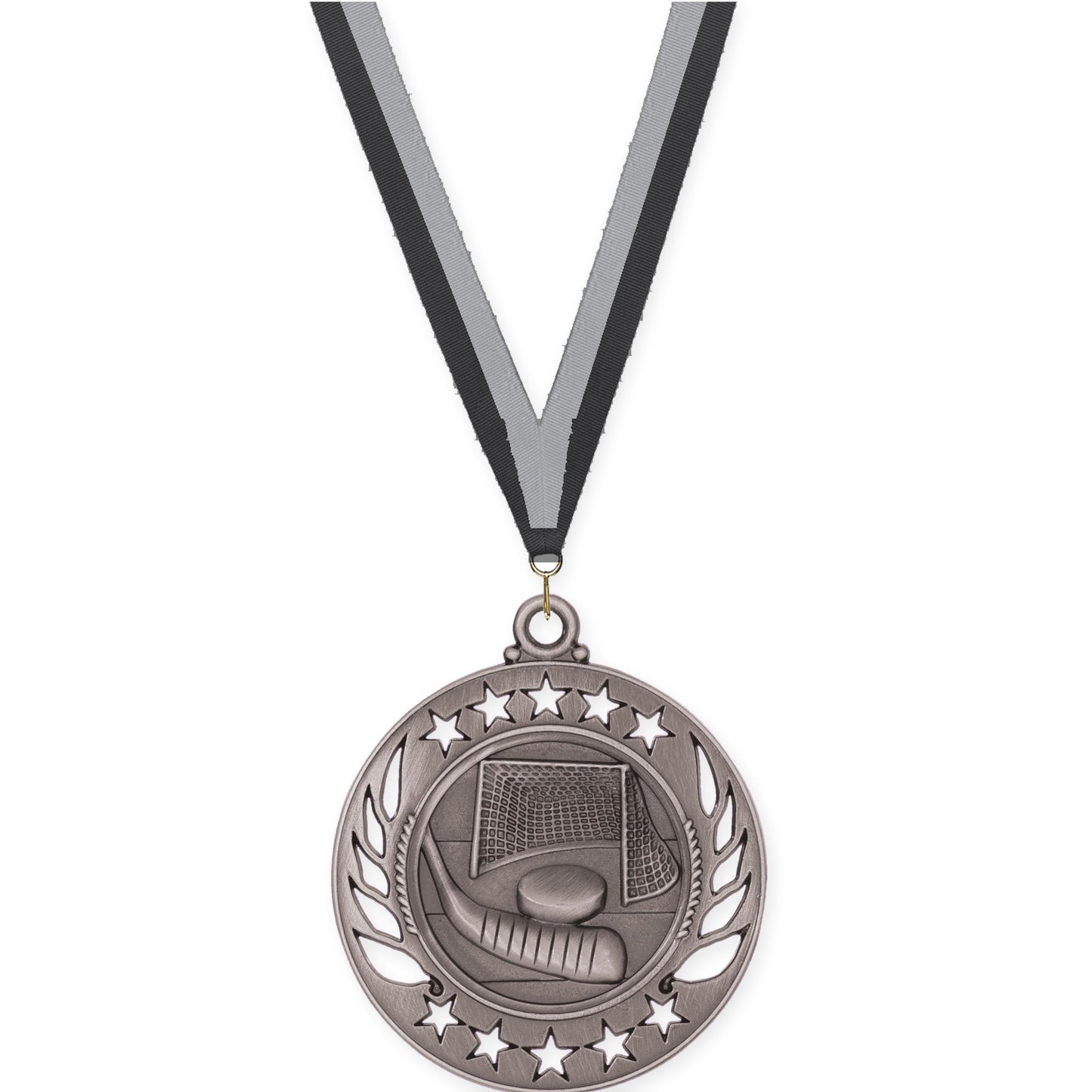 2 1/4 inch hockey Galaxy medal in antique silver with Black Gray neck ribbon