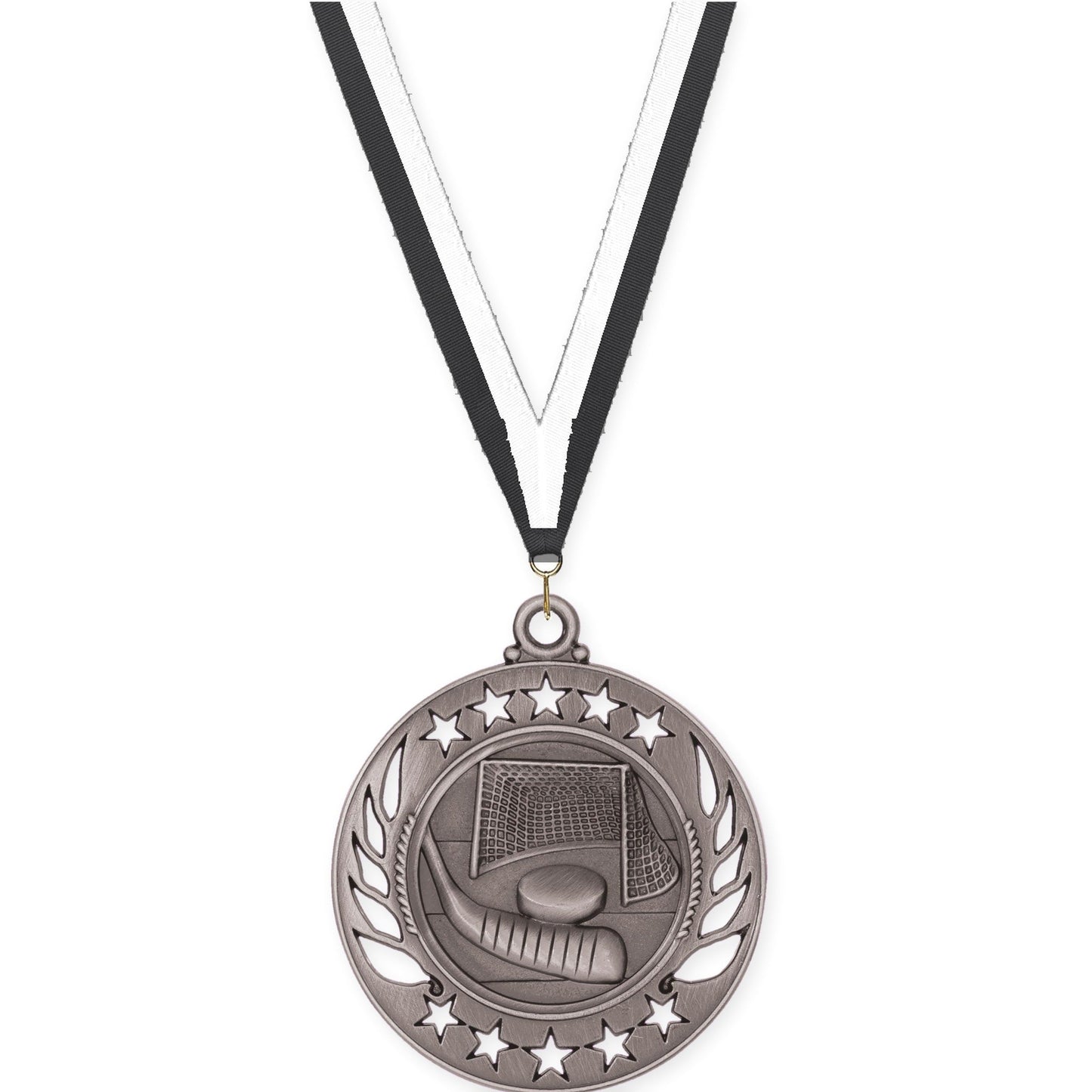 2 1/4 inch hockey Galaxy medal in antique silver with Black White neck ribbon