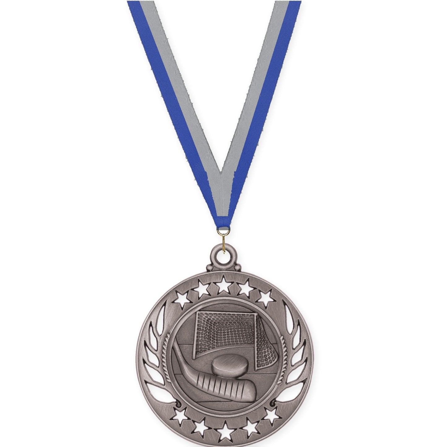 2 1/4 inch hockey Galaxy medal in antique silver with Blue Gray neck ribbon